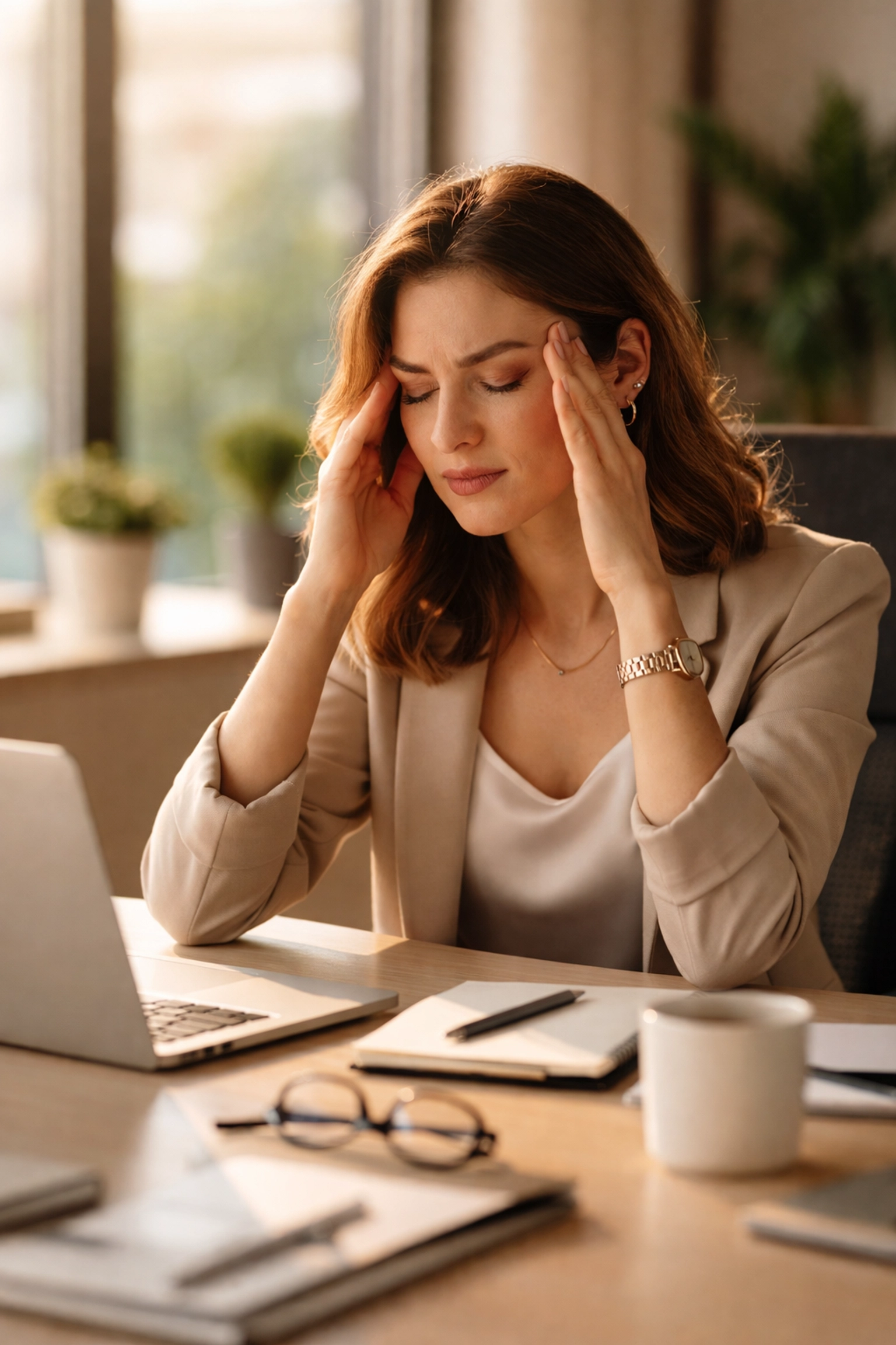Professional woman experiencing afternoon fatigue at her office desk during the midday energy dip