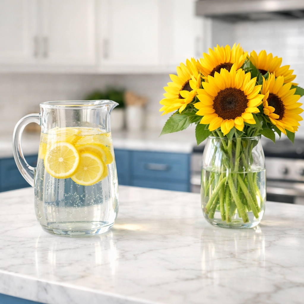 Pristine marble kitchen counter from eco-friendly house cleaning in Leominster MA.