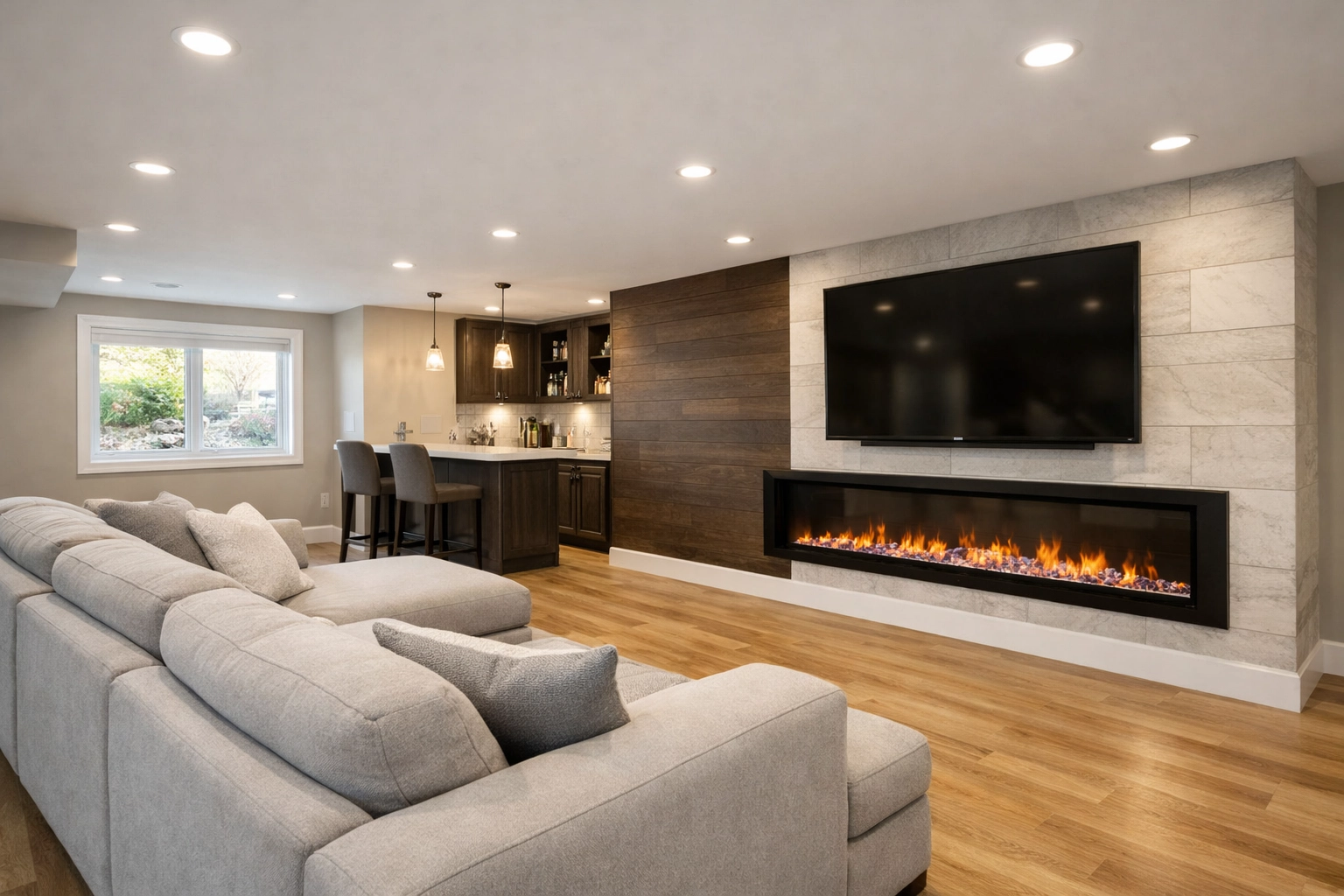 High-end modern finished basement in Central Ohio featuring a custom fireplace and wet bar.