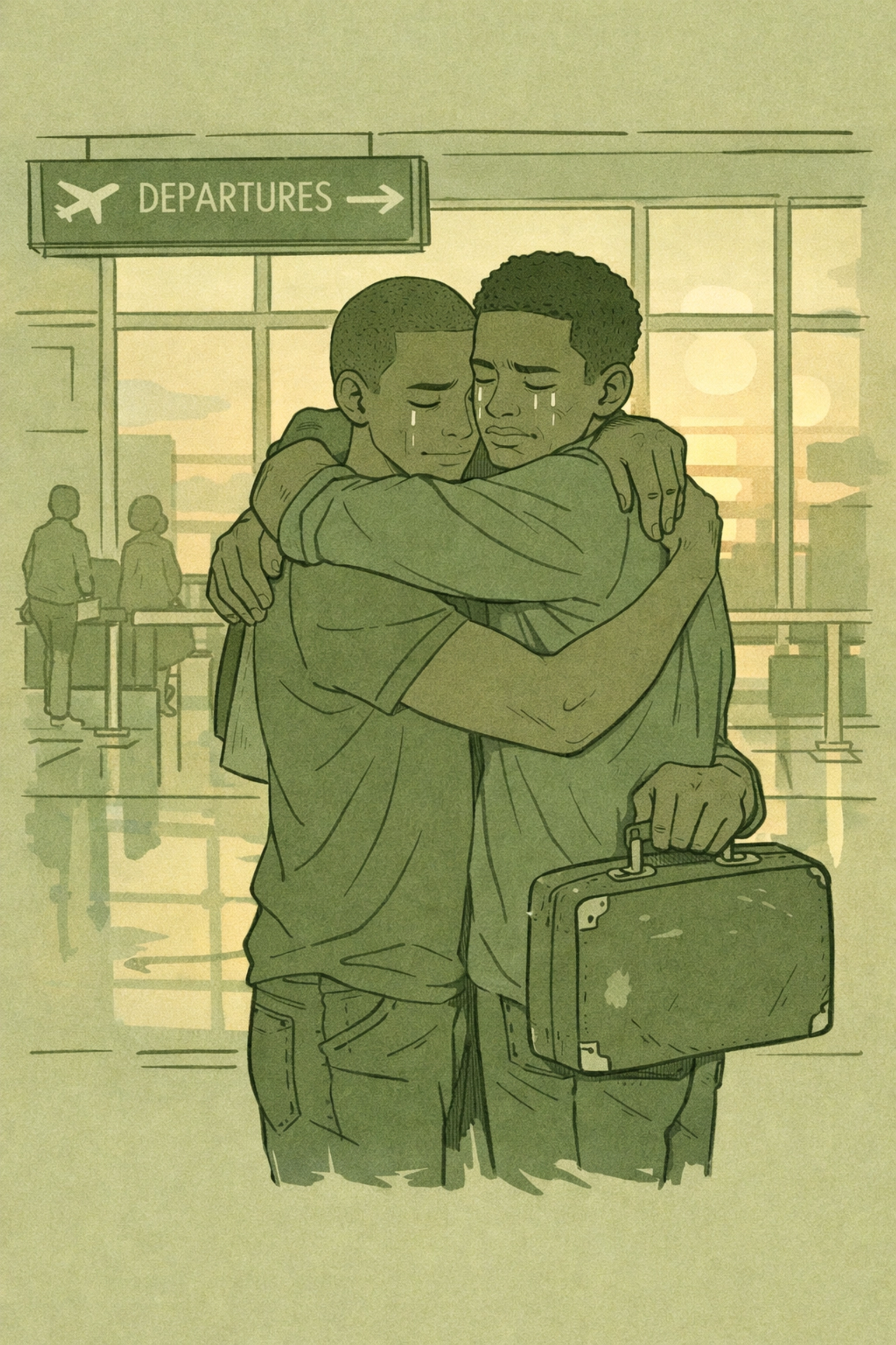 Two gay men embrace at airport departure gate leaving Kinshasa for safety and freedom