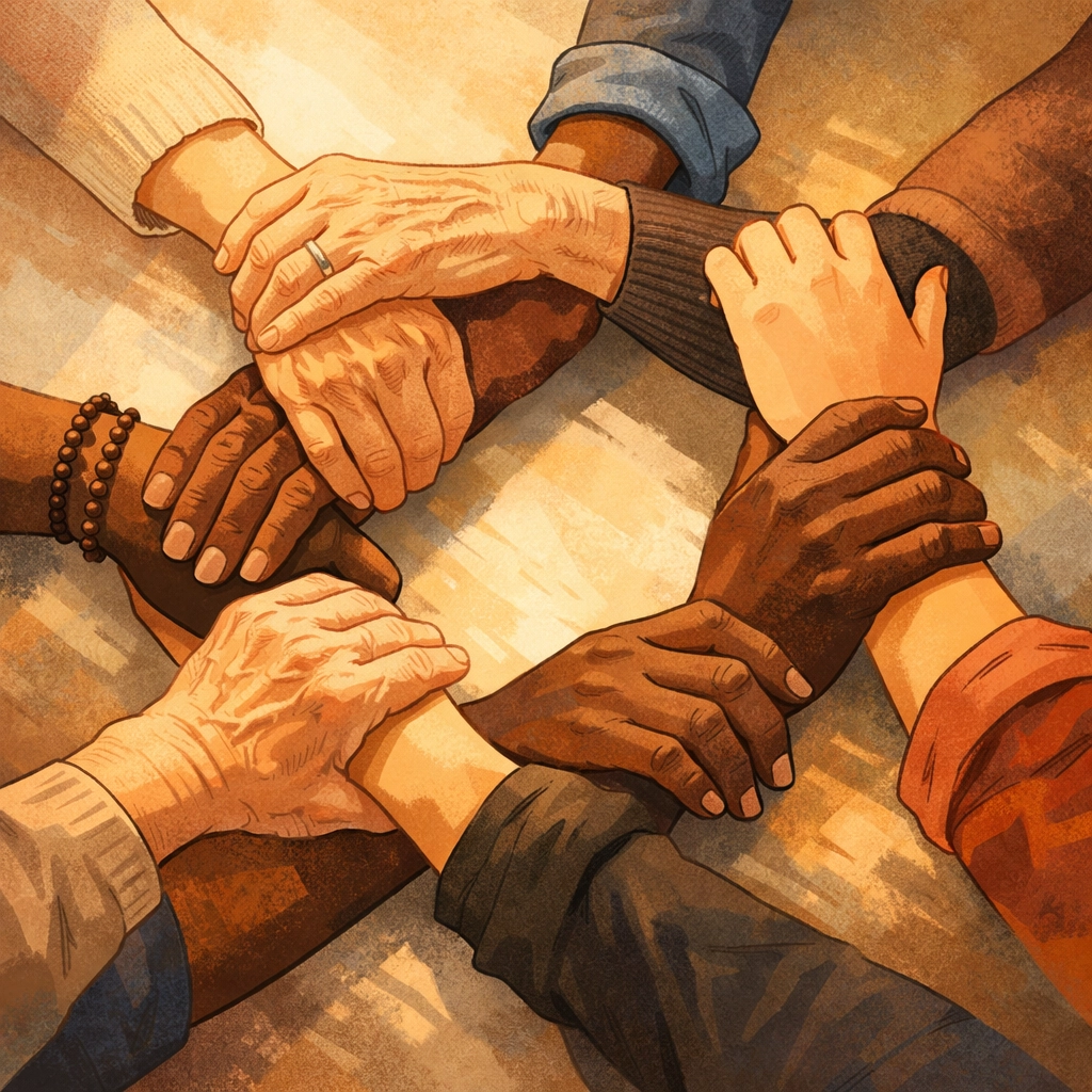 Diverse hands joined together in unity representing community and generational legacy