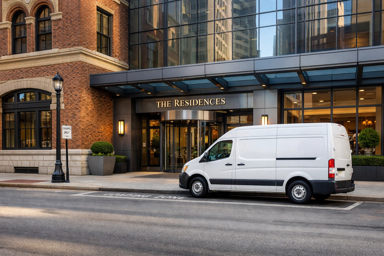Professional cleaning service van parked at a luxury apartment building entrance in Indianapolis.