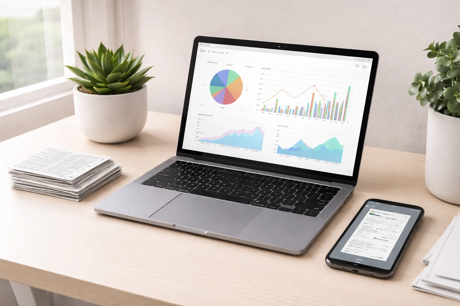 Modern home office desk with a laptop displaying financial charts and organized receipts for AI-powered real estate accounting