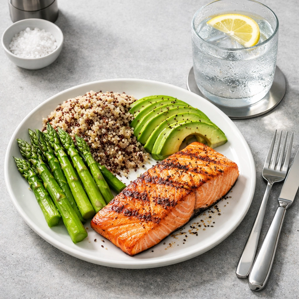 Healthy anti-inflammatory meal with salmon and vegetables to fuel sports injury tissue repair.