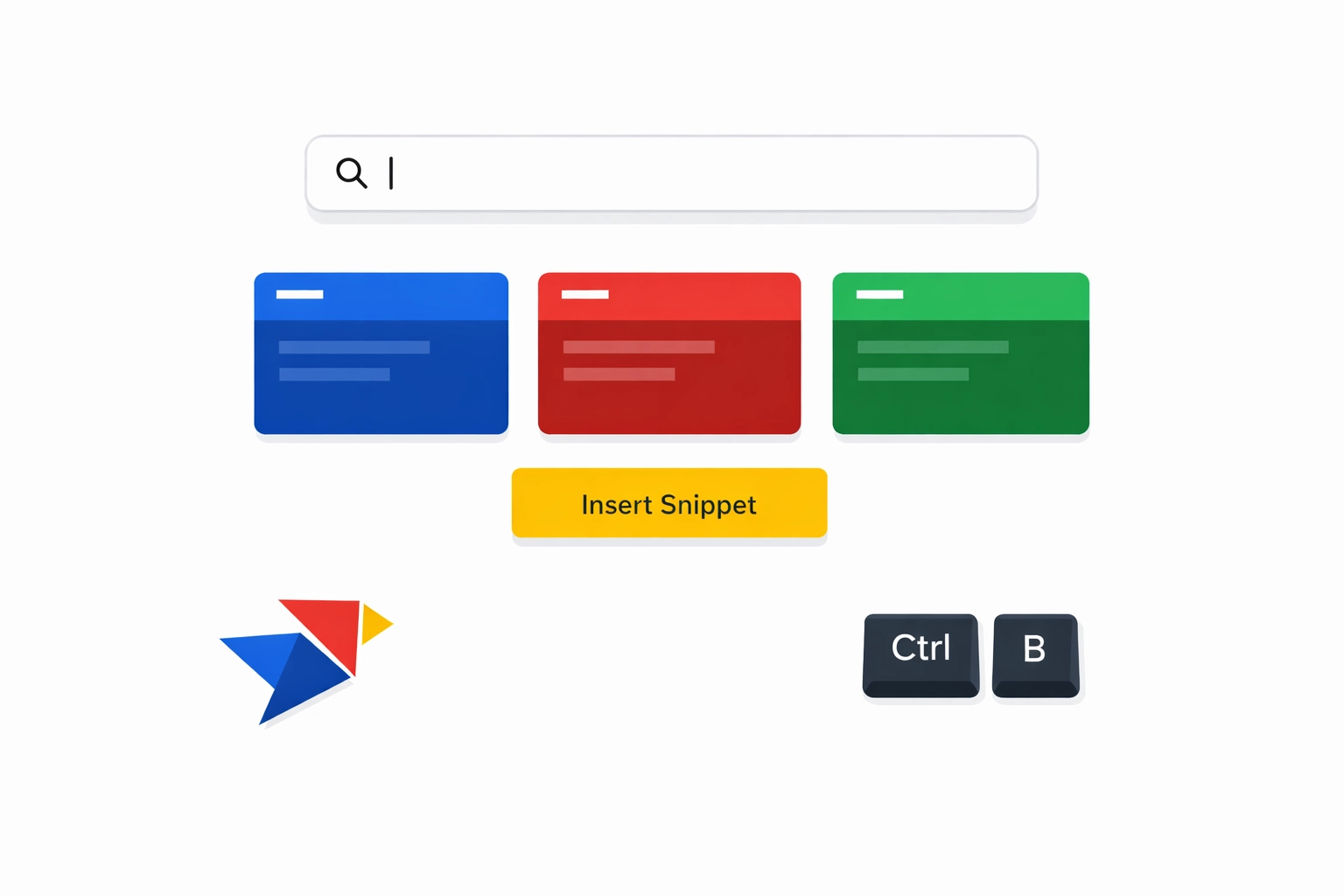 Minimalist geometric Copyzoid-style Ctrl+B command palette mockup on clean white with color-blocked Blue/Red/Green/Yellow cards, clean interface elements, and a subtle geometric bird motif (no people).