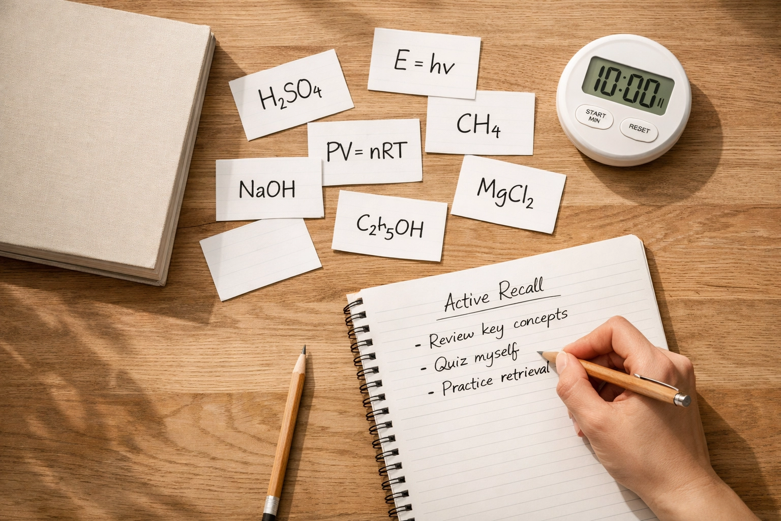 Active recall study method with chemistry flashcards and timer for A Level revision