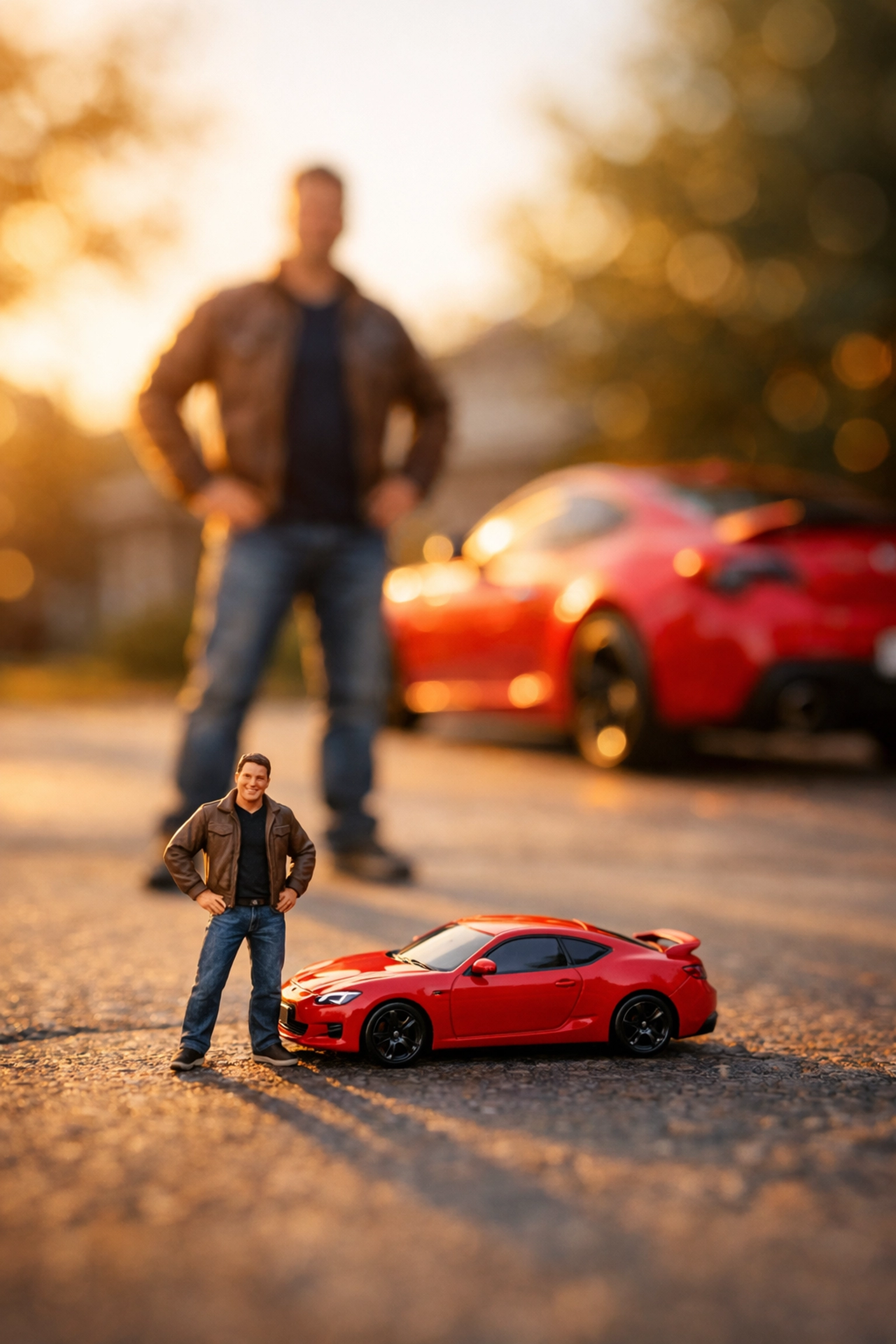 A custom 1:64 scale figure modeled after a real person standing next to a red diecast sports car.