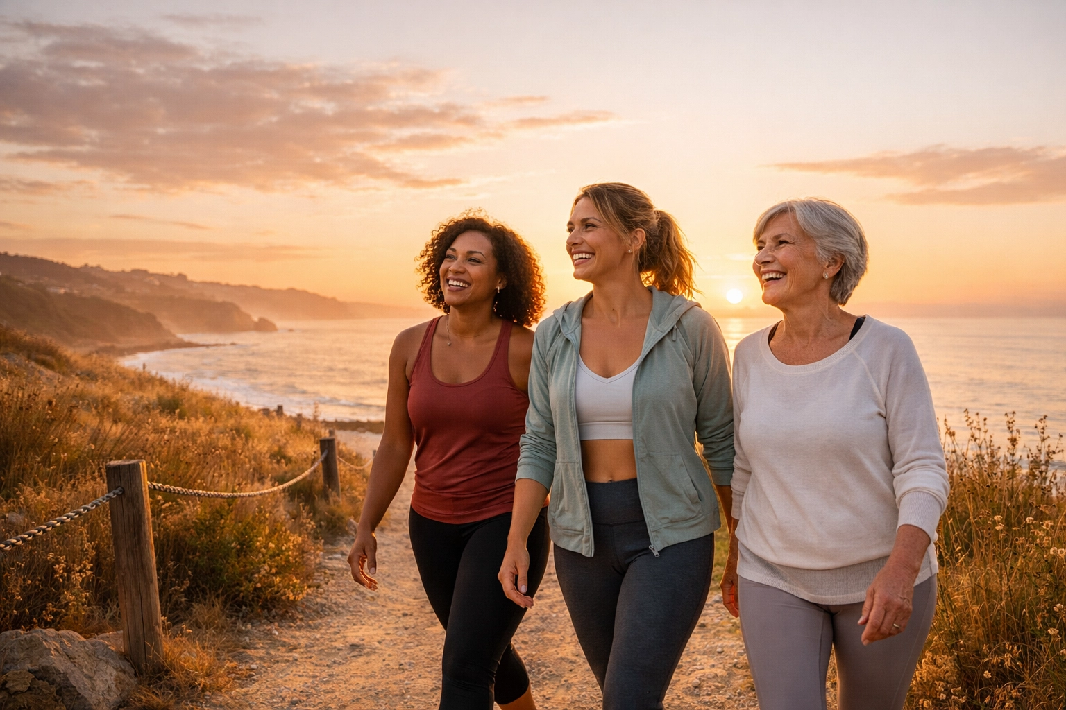 Confident women walking at sunrise symbolizing a reclaimed lifestyle through a supportive mental health community.