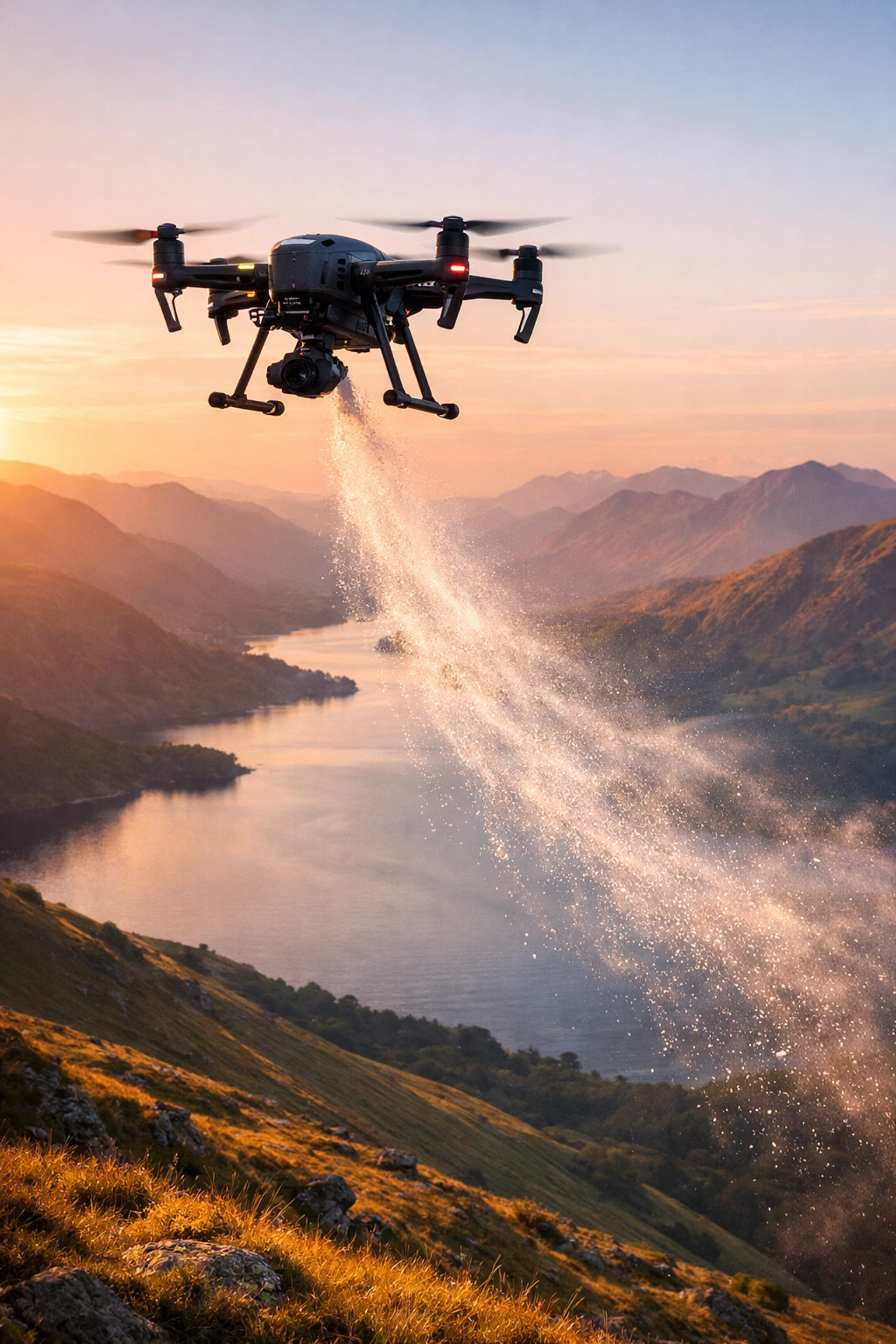A professional drone performing a serene cremation ashes scattering service over a scenic UK mountain landscape.