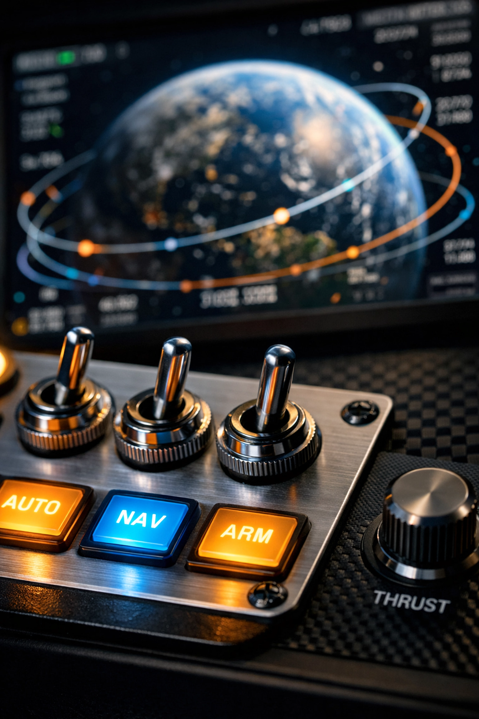 Detailed view of professional aerospace simulator controls and digital flight displays for realistic mission training.