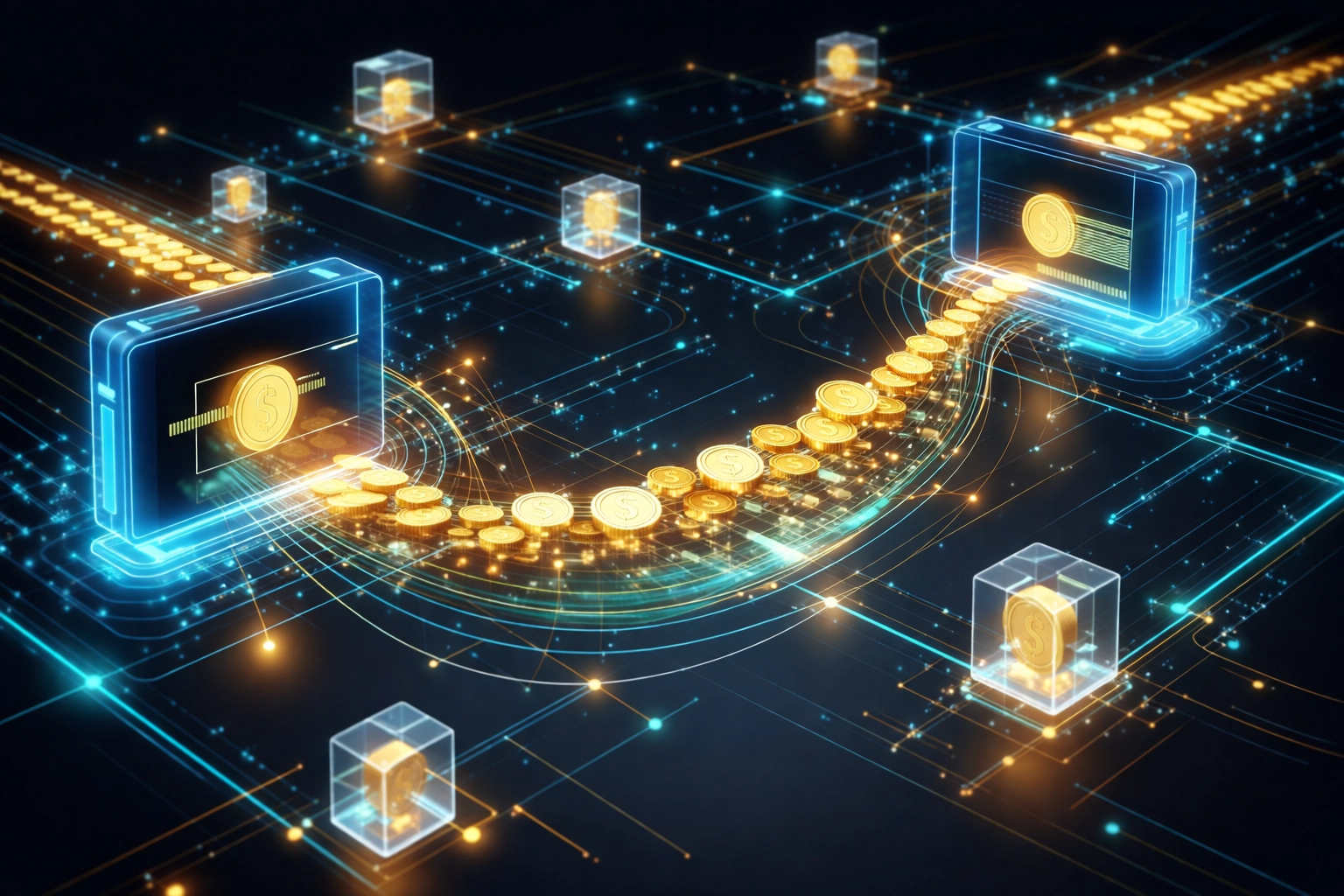 Glowing blockchain network visualization representing tokenized receivables and direct crypto payments for merchants