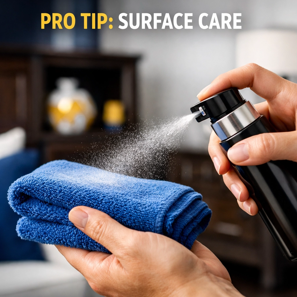 Maid services Lowell technique showing cleaner sprayed on a microfiber cloth for professional surface care.