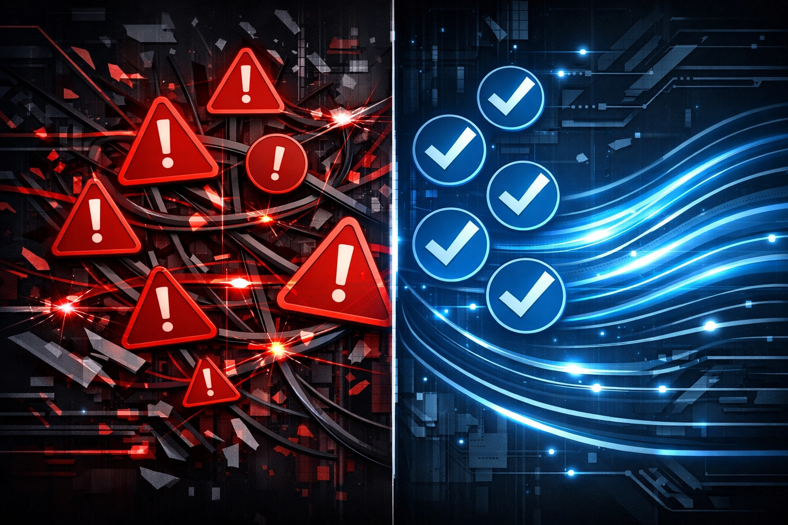 Split view comparing chaotic security problems versus organized managed IT services approach to MFA
