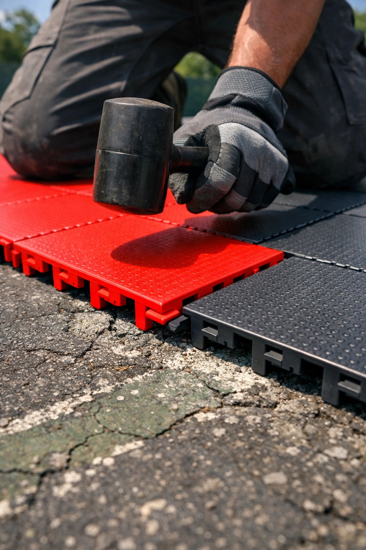 Installing red modular PP tiles over an old asphalt tennis court surface for a sport court conversion.