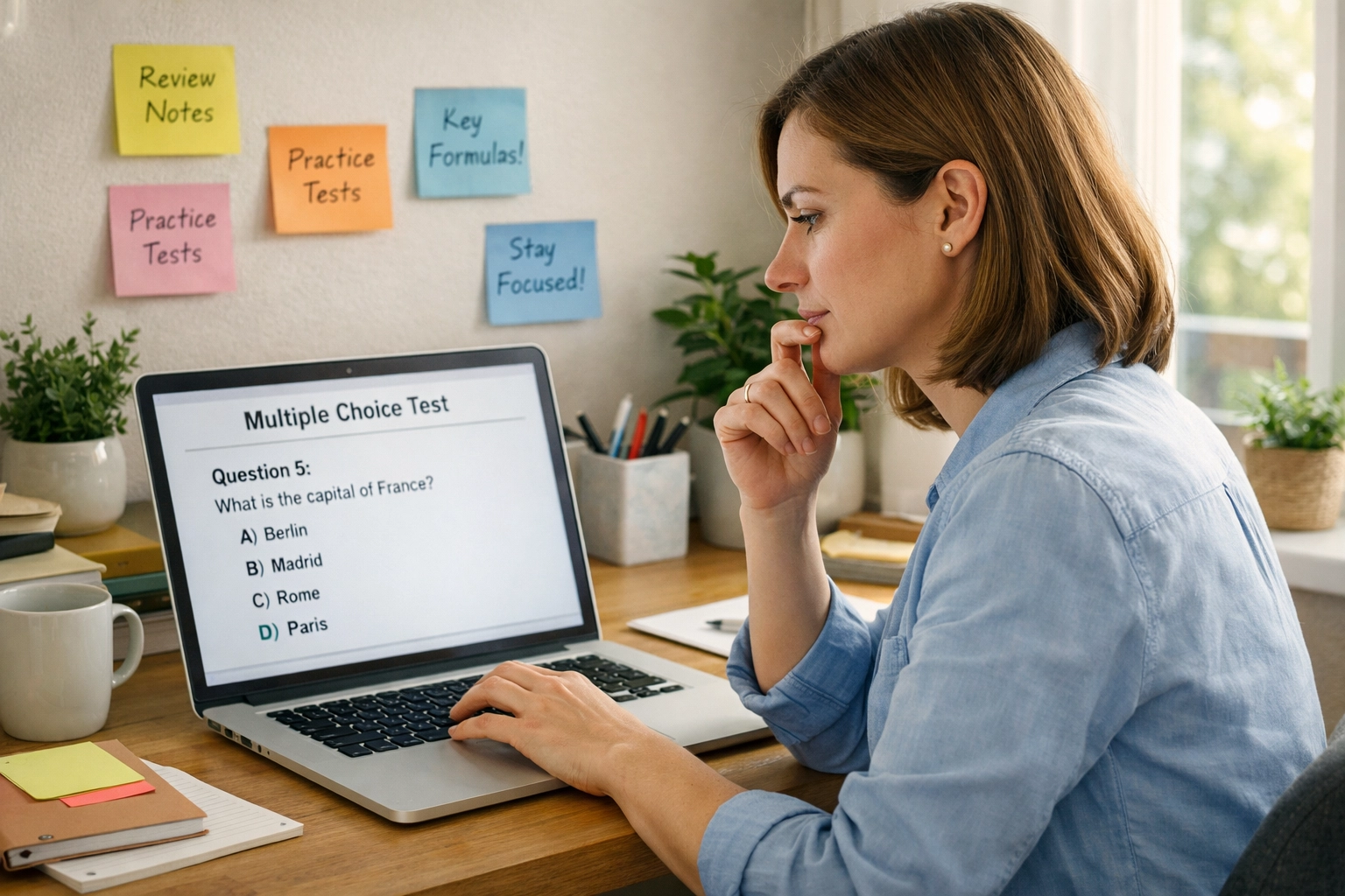 Woman taking CLEP practice exam on laptop with study strategies and multiple choice questions
