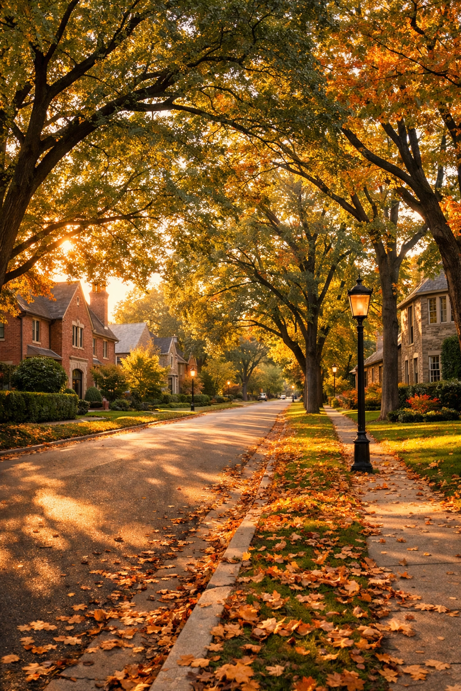 Tree-lined residential street in Lake Forest with mature homes and manicured lawns