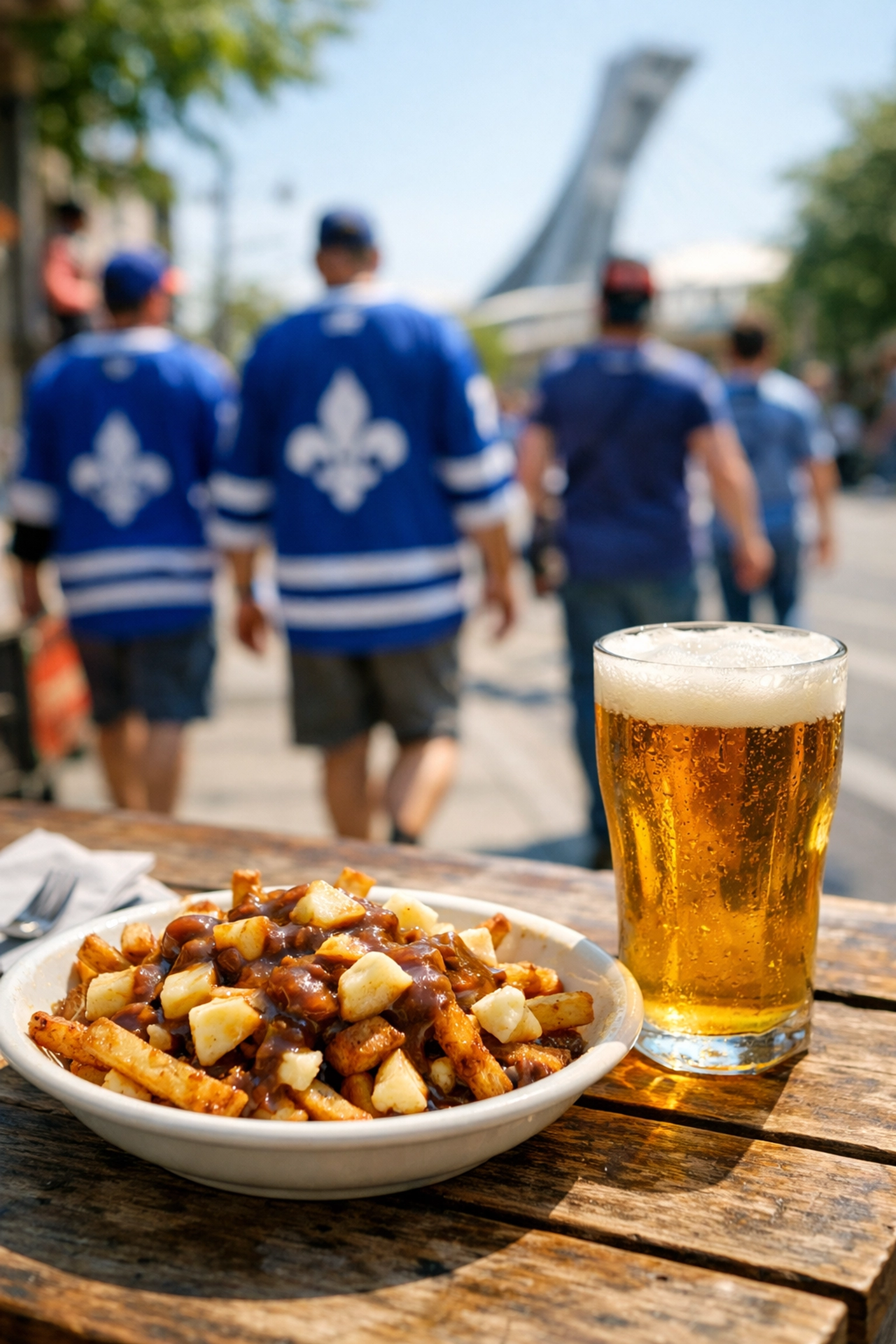 Enjoying Montreal poutine and beer on a Hochelaga terrace before a CF Montreal soccer match.