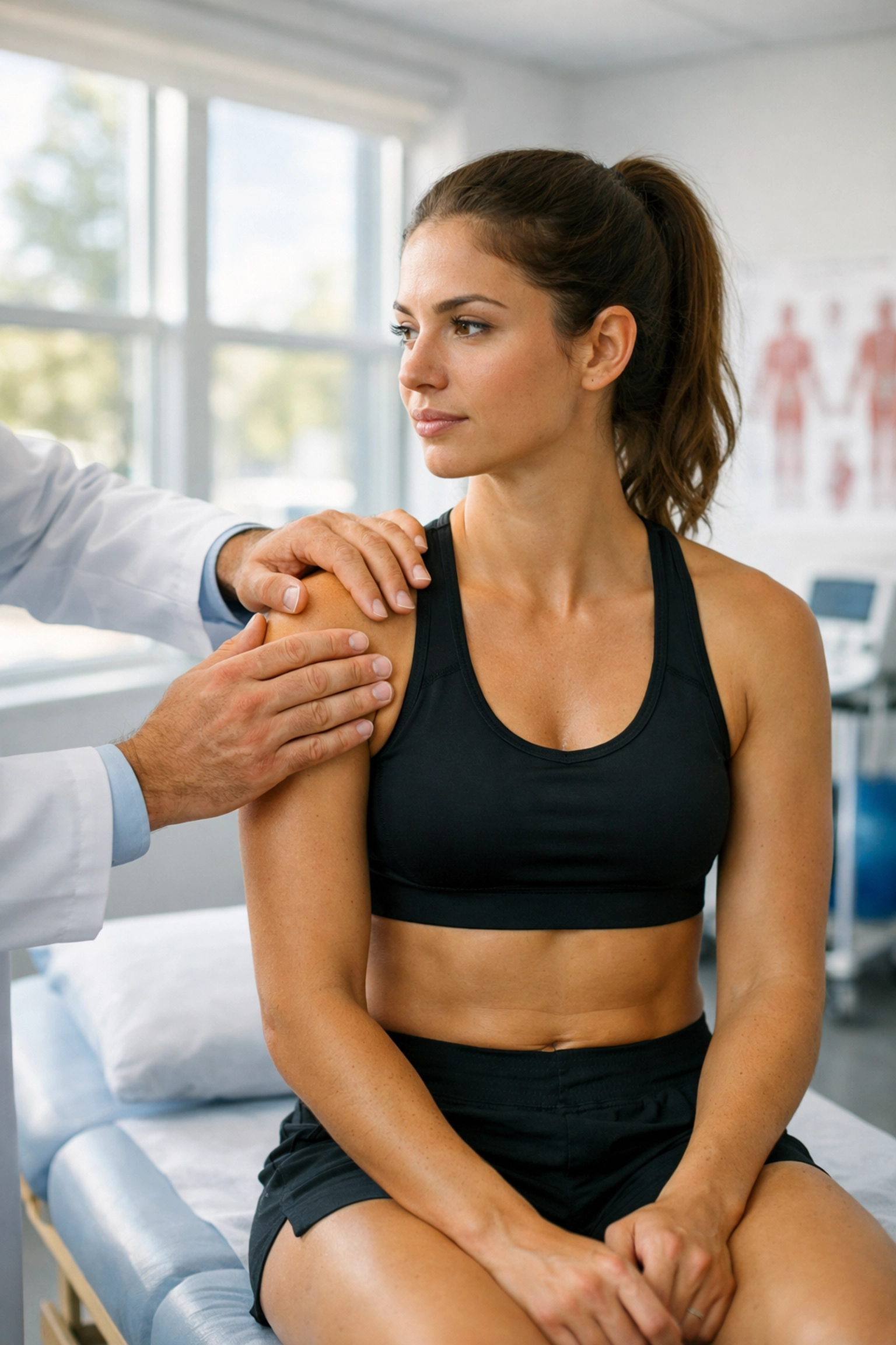 Physician examining a patient's shoulder for signs of instability at a sports medicine clinic