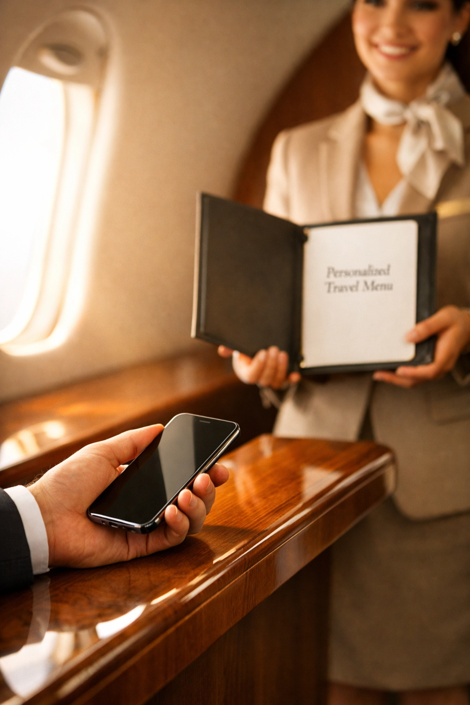 Booking a private jet charter using a smartphone with help from a luxury travel concierge.