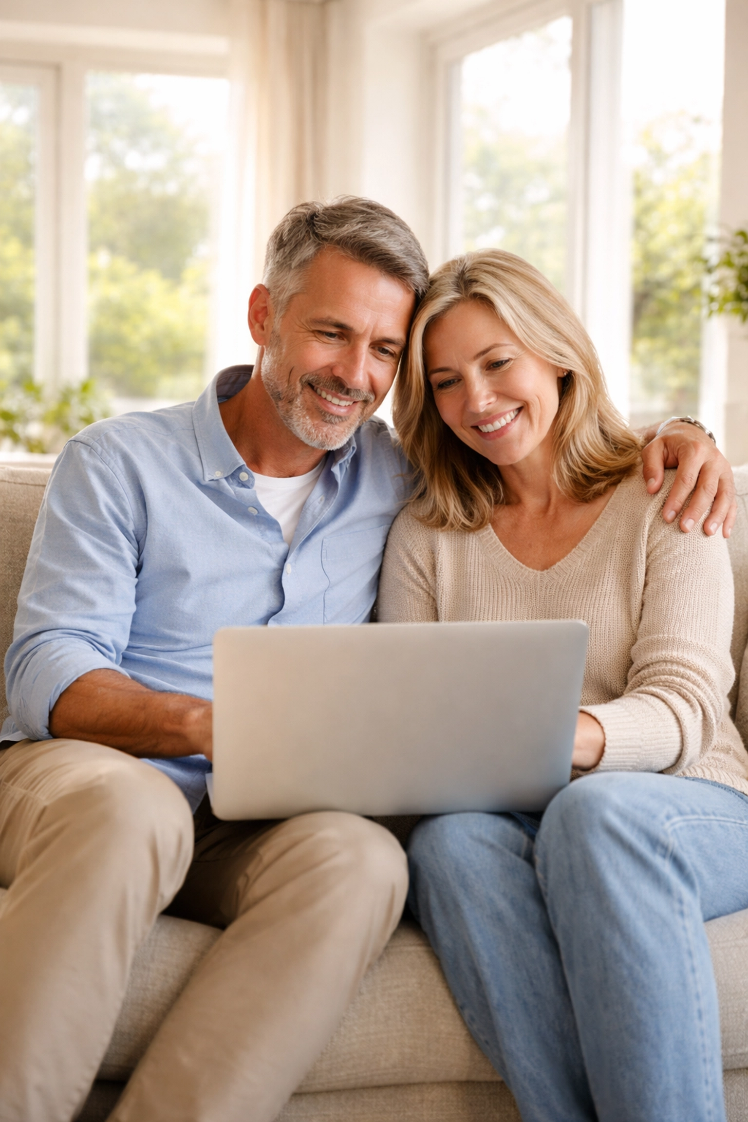 Middle-aged couple reviewing their financial strategy at home, feeling secure with an IUL policy