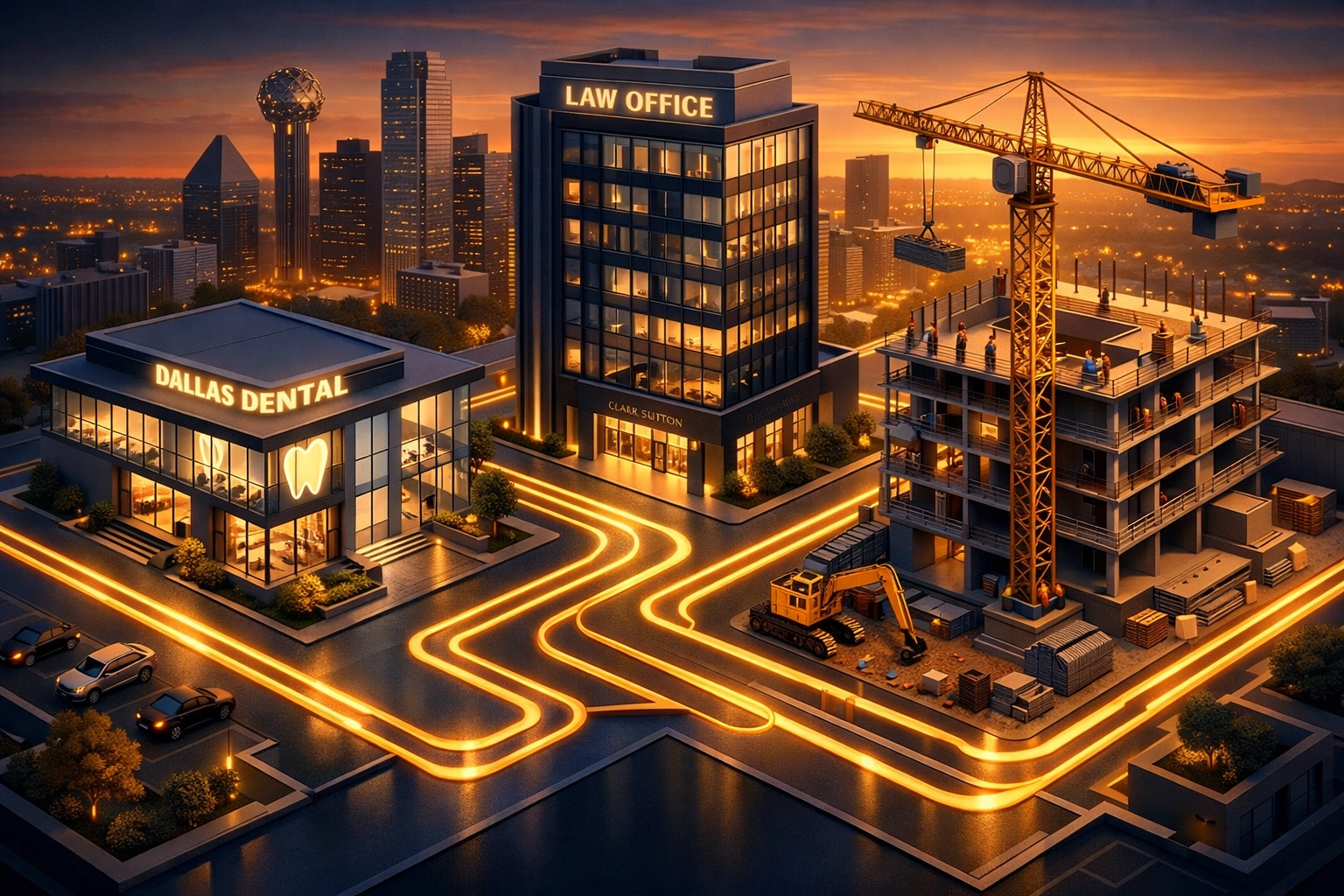Interconnected Dallas buildings showing the professional referral network between trades, medical, and legal firms.