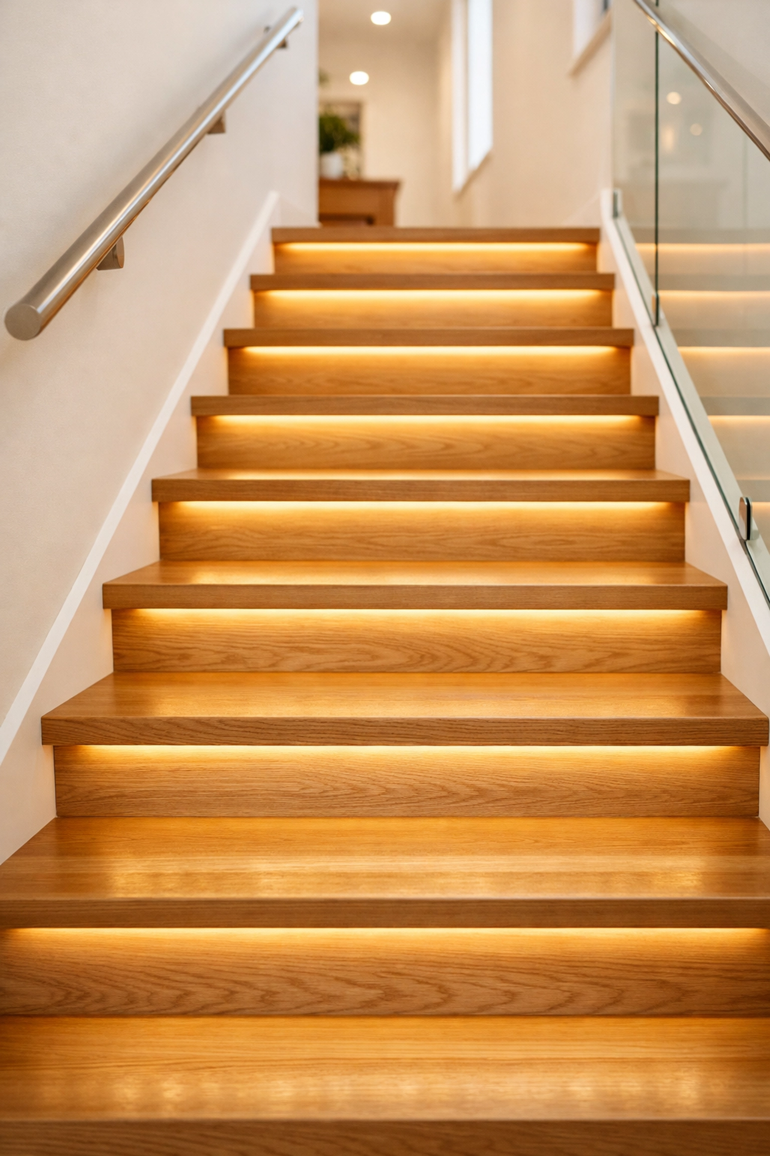 Modern staircase with warm LED lighting under each step to improve visibility and prevent falls at night.