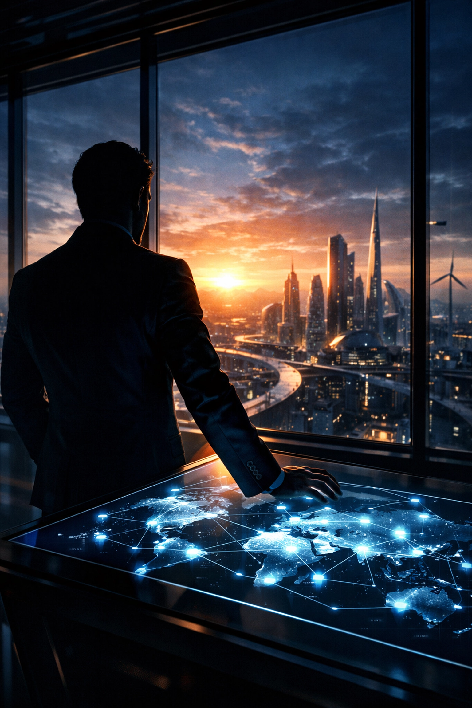 Successful entrepreneur overlooking a digital city using an AI global network interface for business automation.