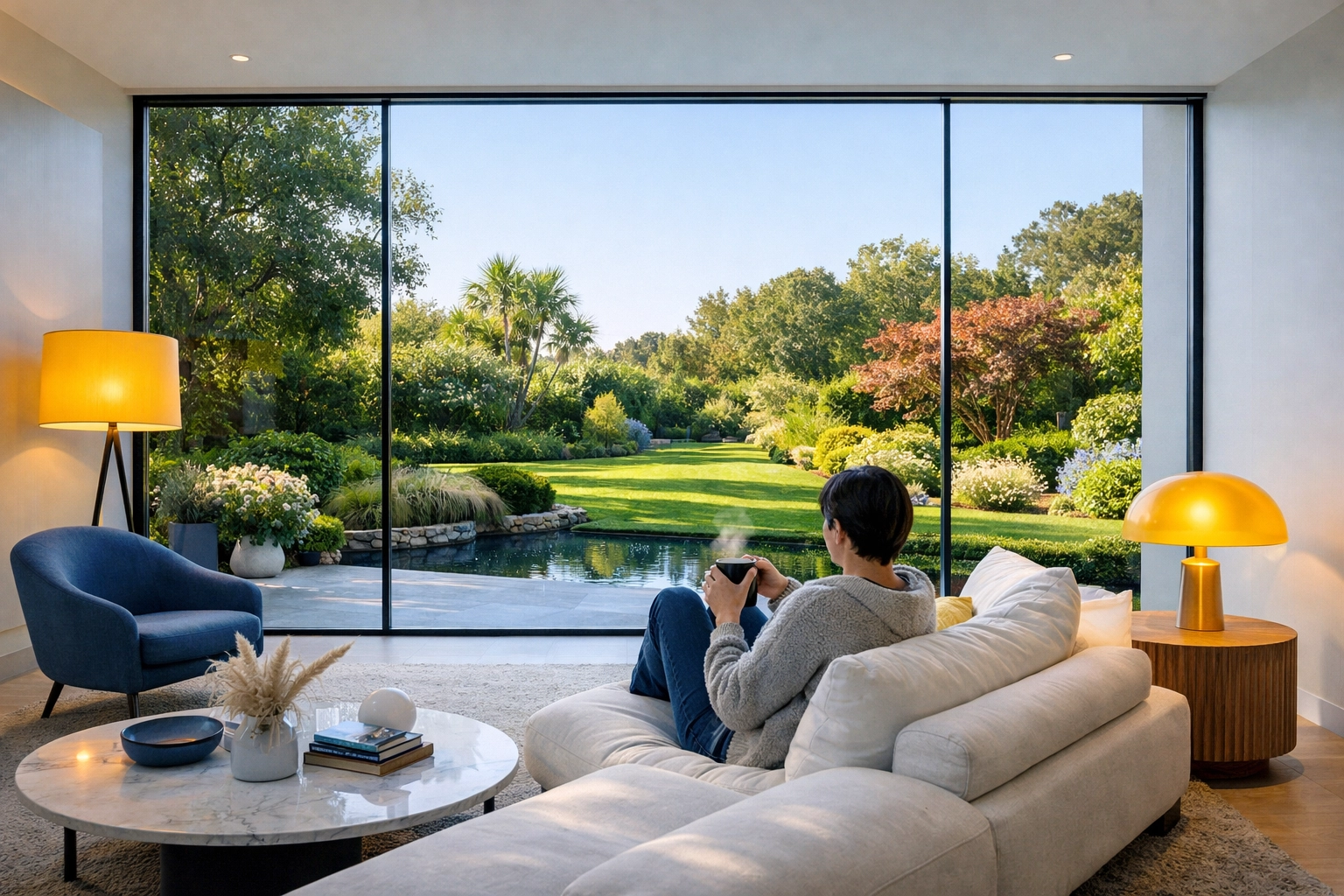 Homeowner enjoying the view through crystal-clear floor-to-ceiling windows in a luxury living room.