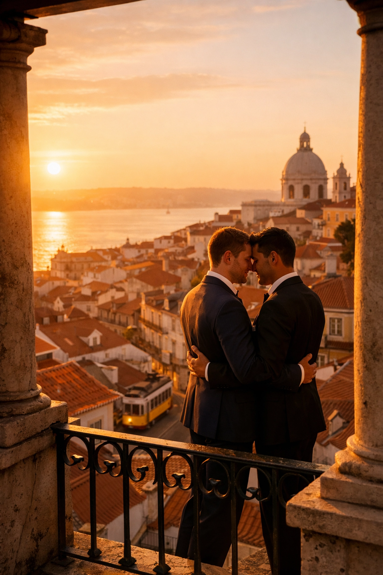 Two grooms enjoying sunset views from Lisbon miradouro overlooking city rooftops