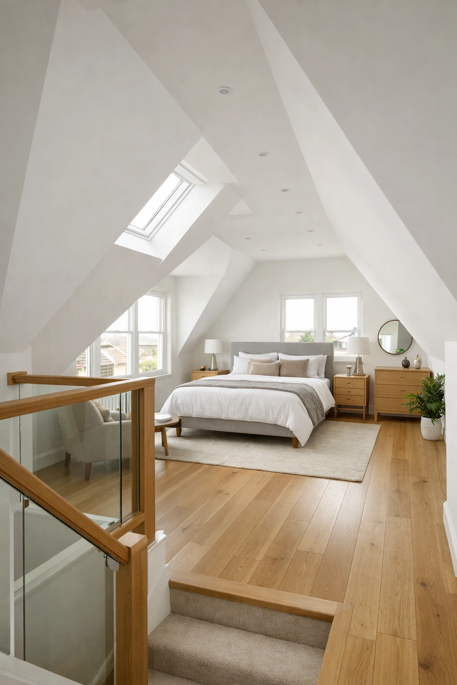 Internal view of a bright master bedroom suite created by a Mansard loft conversion in Walthamstow.