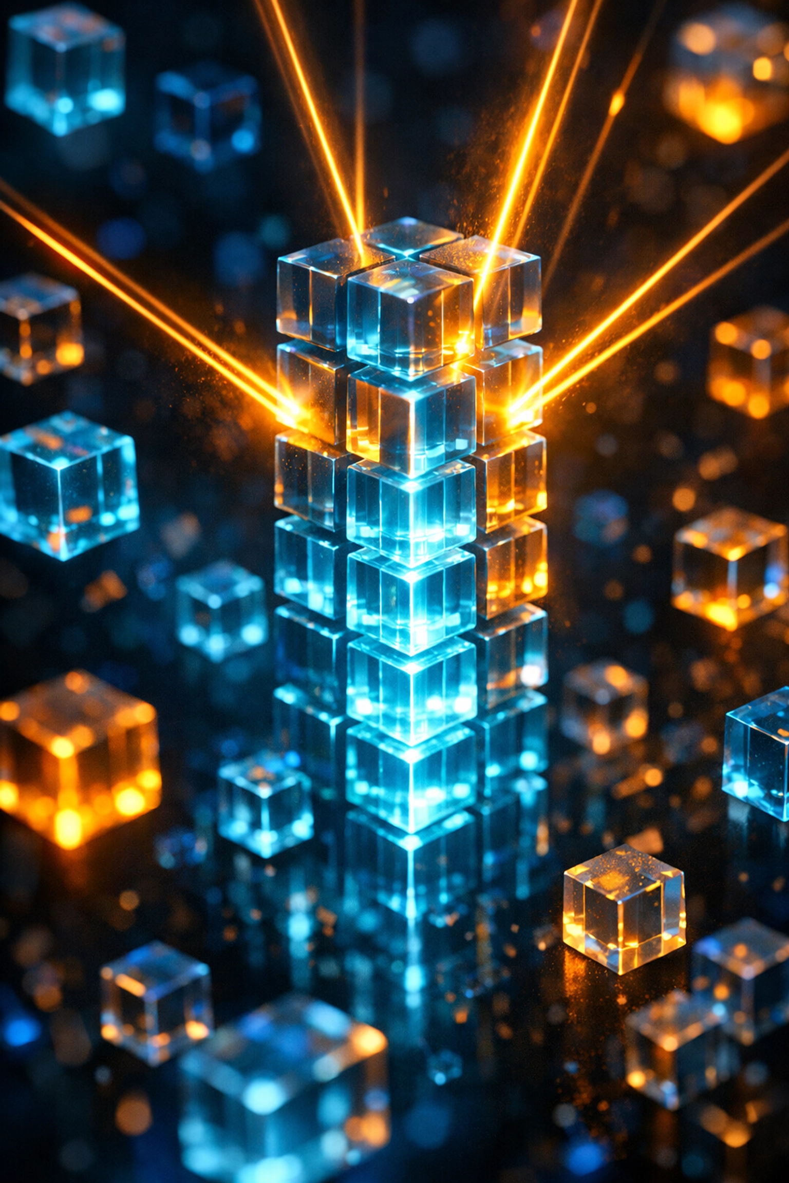 Glowing digital cubes representing AI tokens aligning under structured attention mechanisms.
