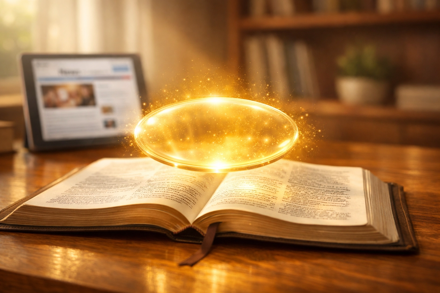 An open Bible illuminated by golden light, contrasting with a digital news tablet.