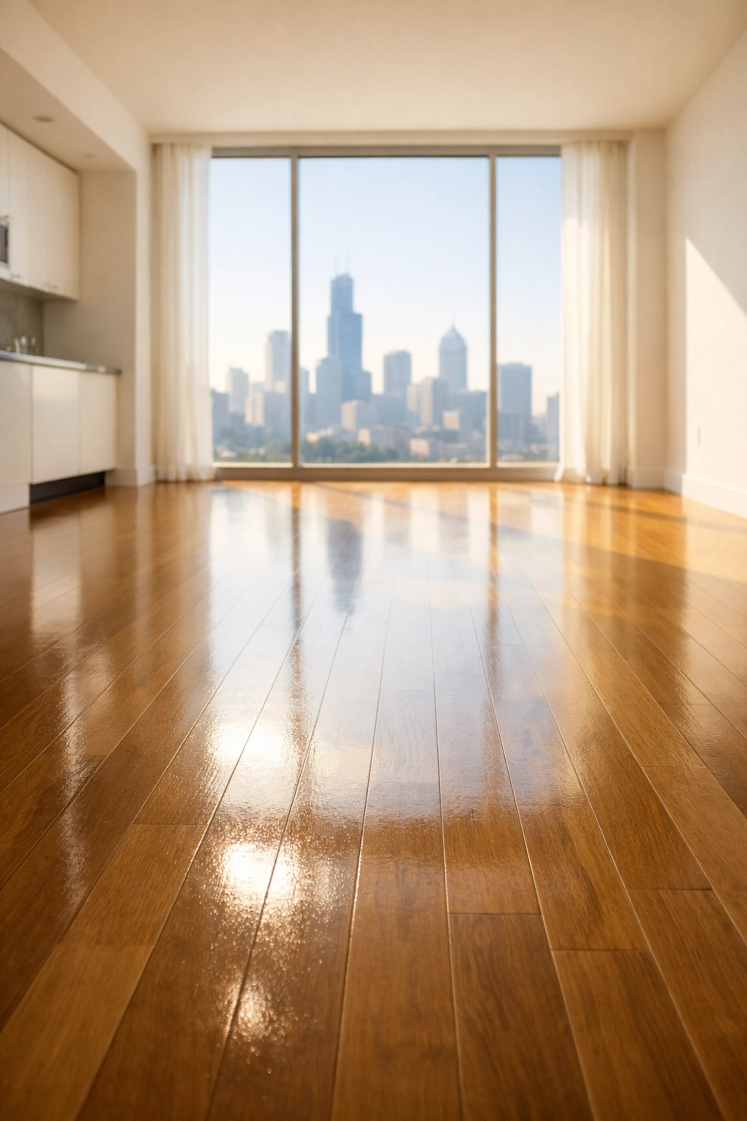Polished hardwood floors in an empty Chicago apartment after a systematic turnover cleaning.