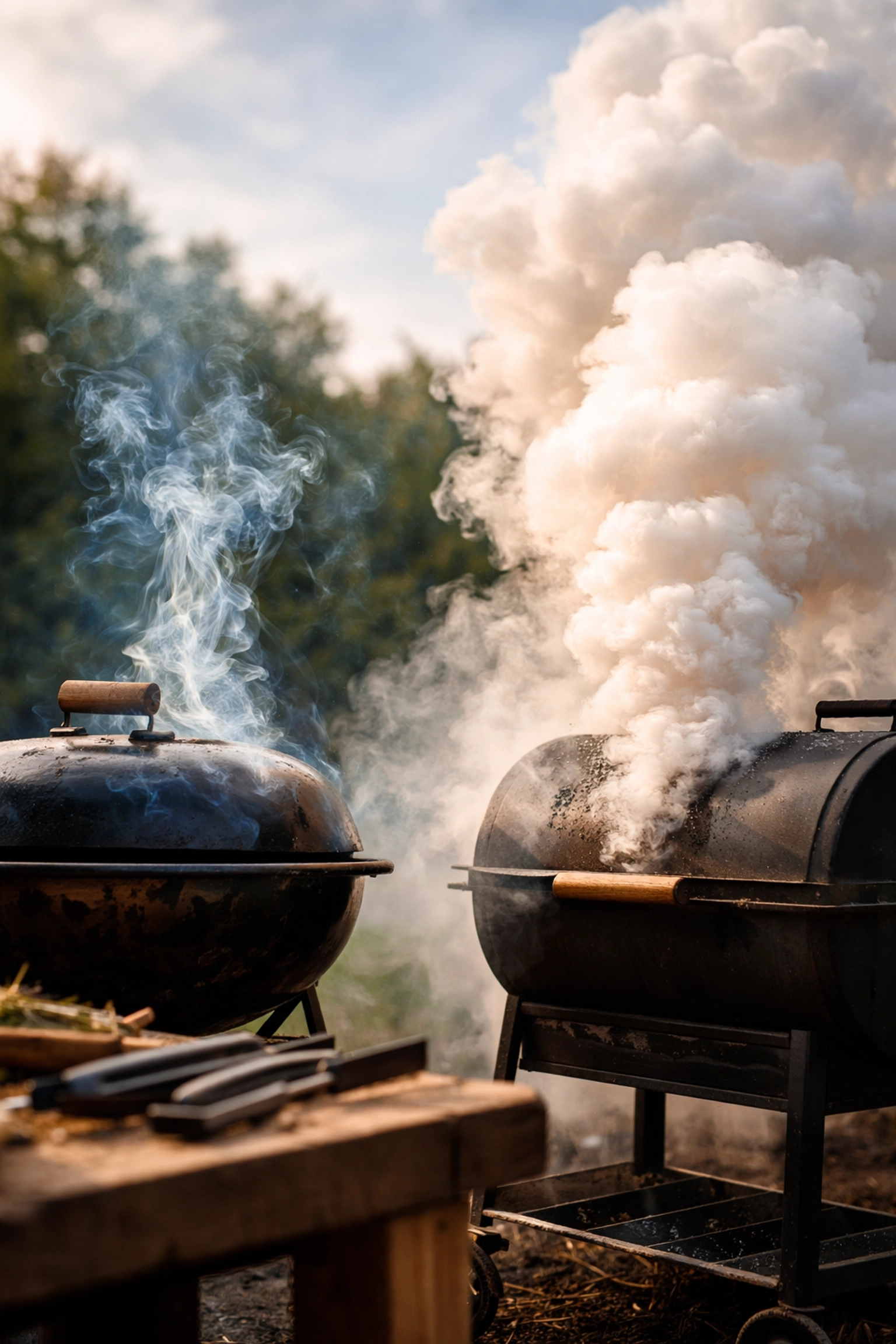Comparing thin blue smoke to thick white smoke for optimal smokehouse BBQ flavor on grills.