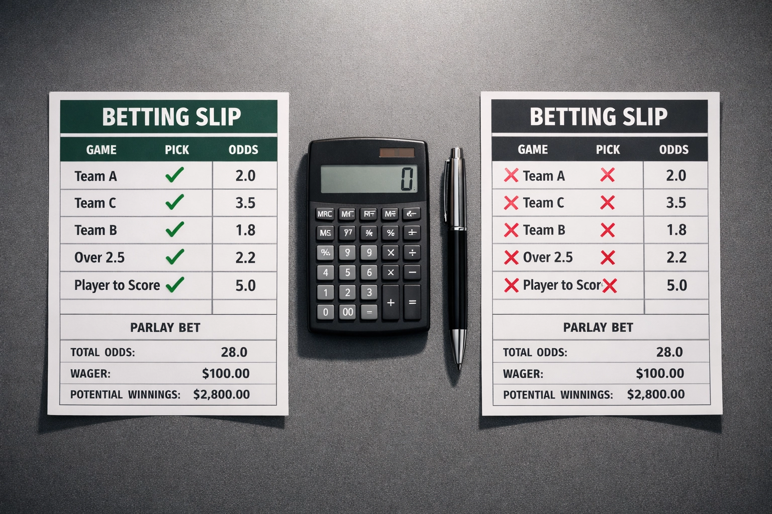 Vergleich von erfolgreichen und verlorenen Kombiwetten auf dem Schreibtisch