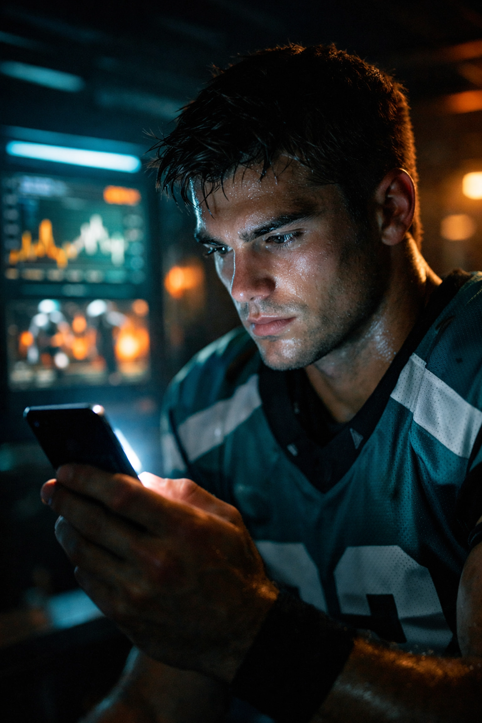 NIL athlete monitoring digital engagement and campaign data on a smartphone in a modern locker room.
