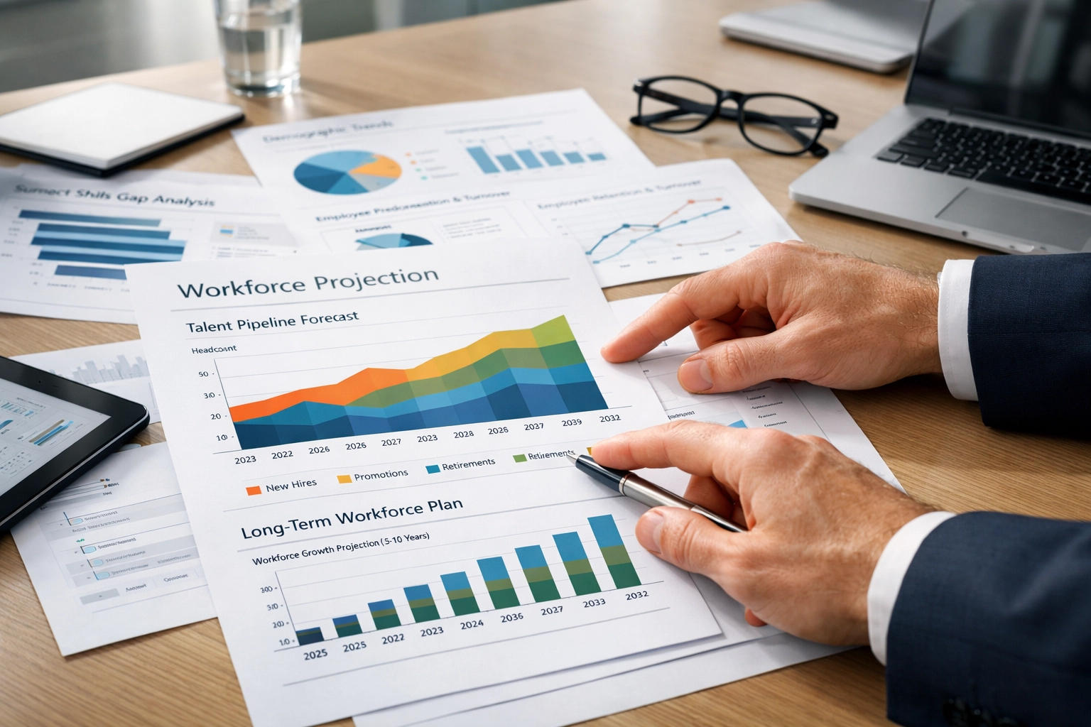 Business executive reviewing workforce forecasting charts for talent pipeline planning
