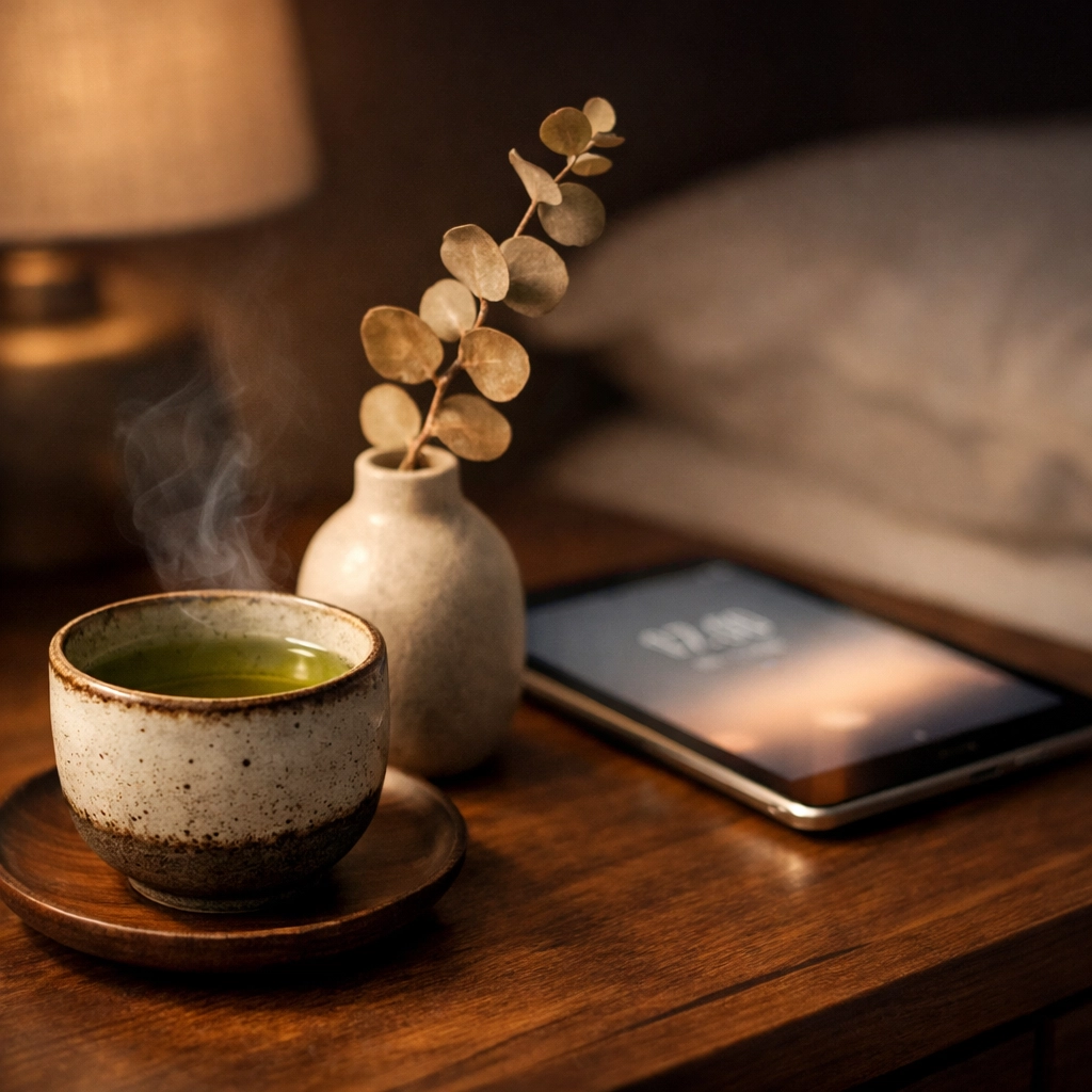 Modern hotel guest room tablet and tea, illustrating personalized service and AI in hospitality.