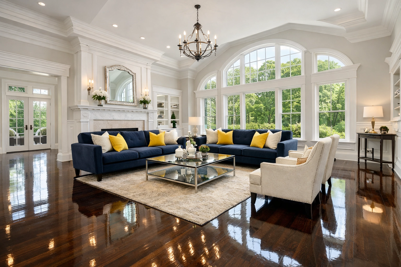 Professional cleaners providing luxury house cleaning in a sun-drenched Reading living room.