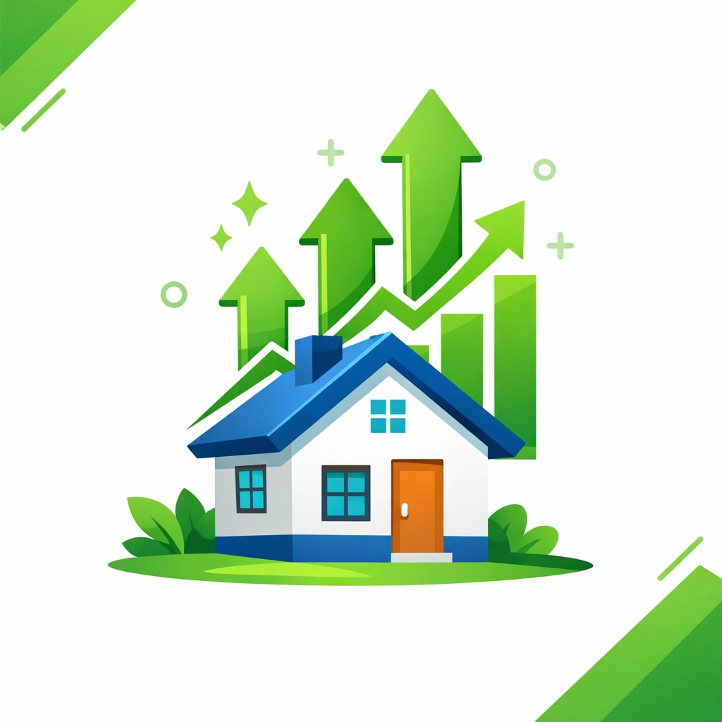 Rental property with upward growth arrows illustrating investment portfolio performance