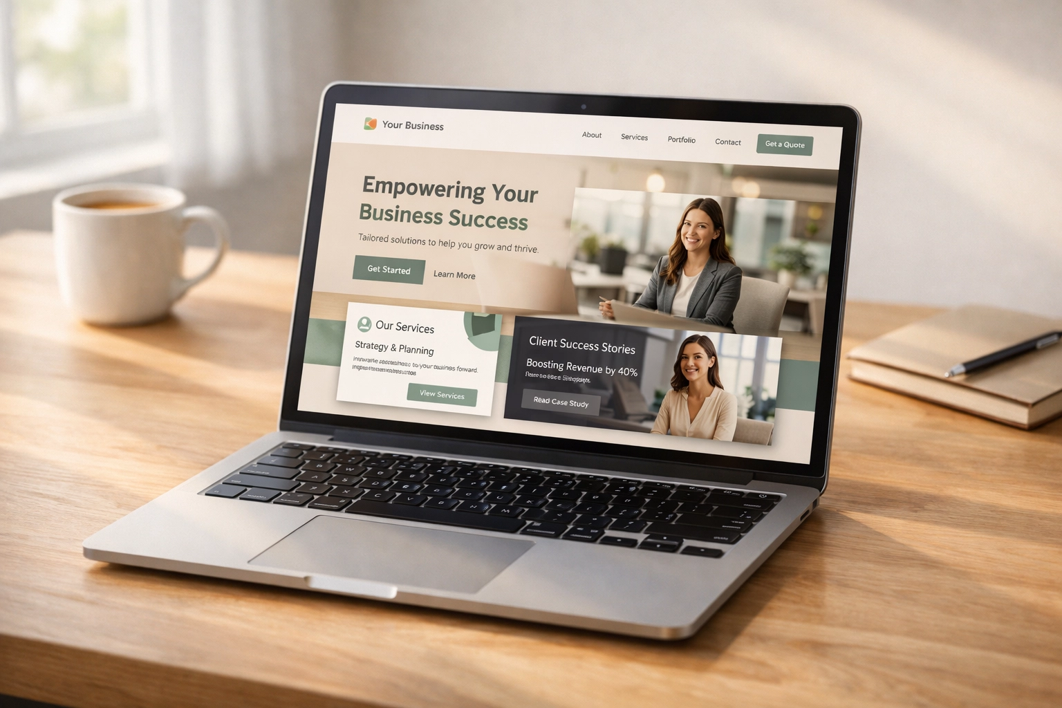 Modern business website with interactive elements displayed on laptop showing engaging web design