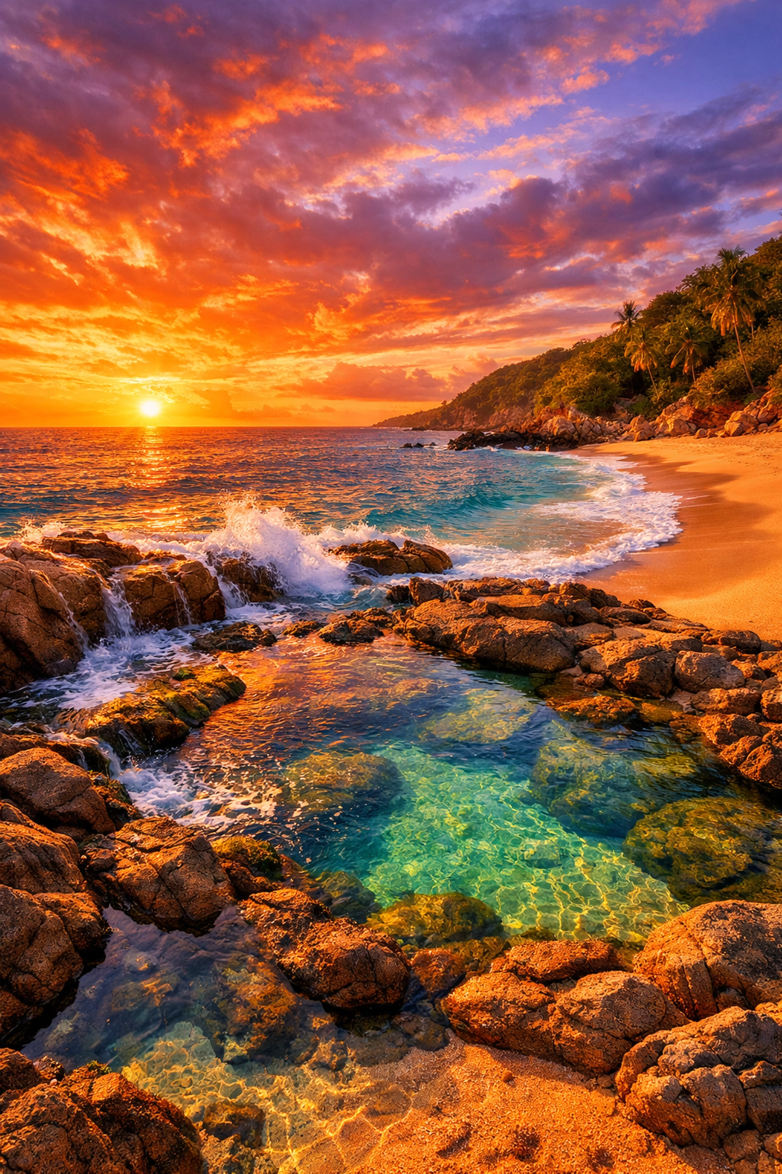 Sunset at a secluded beach in Lower Amapas with rocky coves and tide pools in Puerto Vallarta.