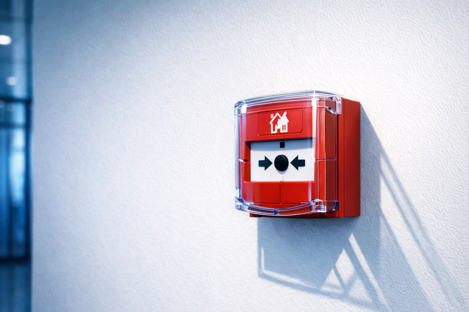 Manual call point with transparent protective cover meeting BS 5839-1:2025 fire safety standards