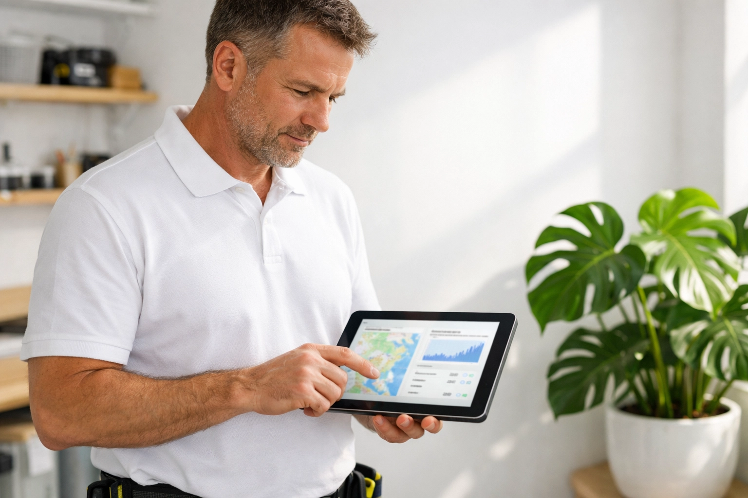 A local contractor checking his Google Business Profile and service map on a tablet in his workshop.