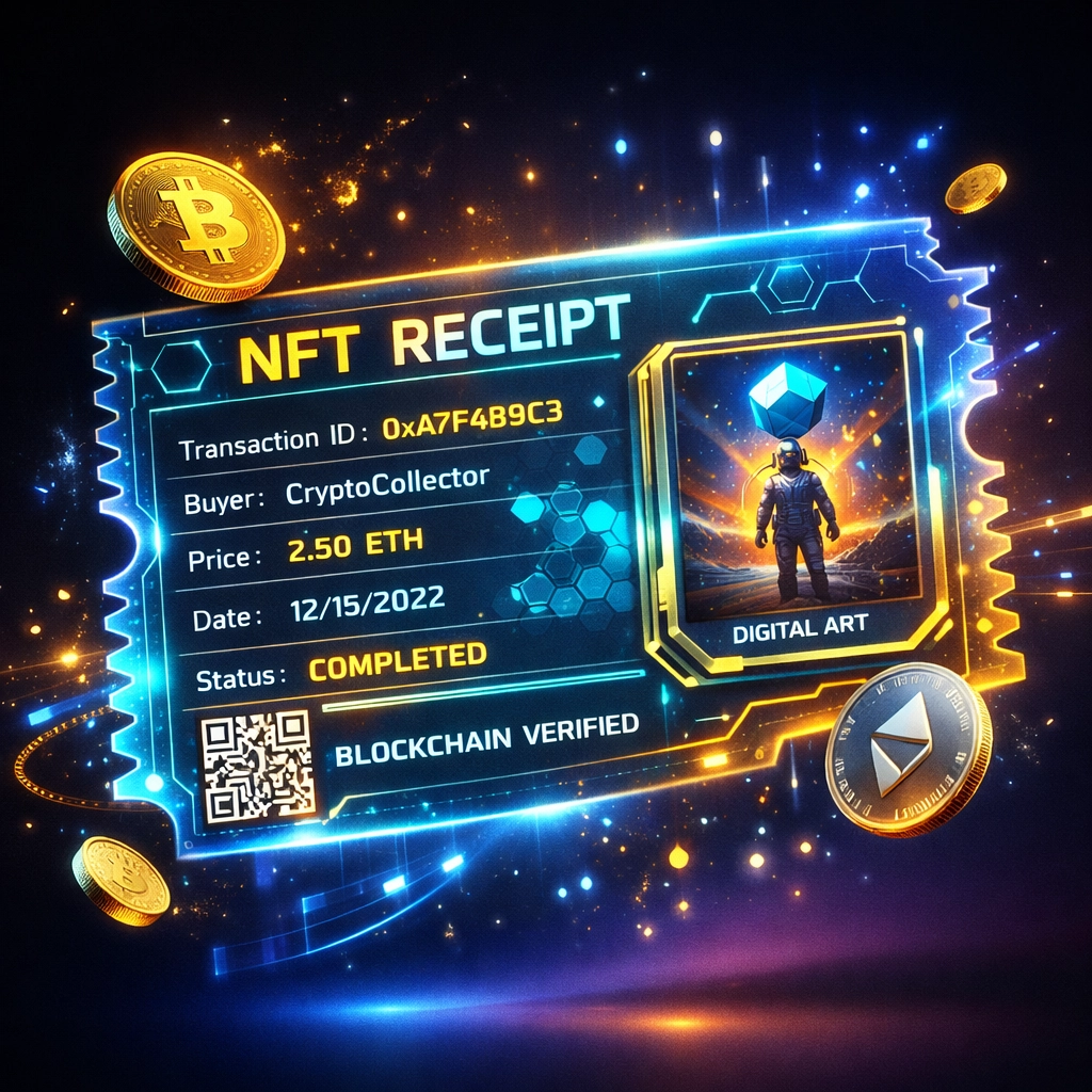NFT receipt with blockchain transaction verification and digital payment proof