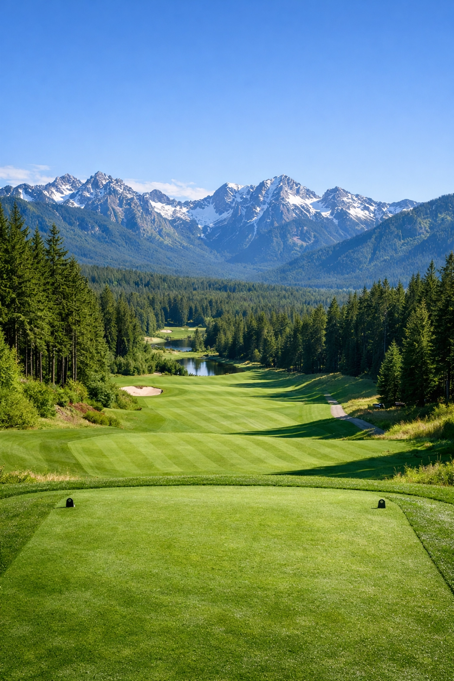 Scenic view of a lush green fairway at Tumble Creek golf course in Cle Elum, Washington.