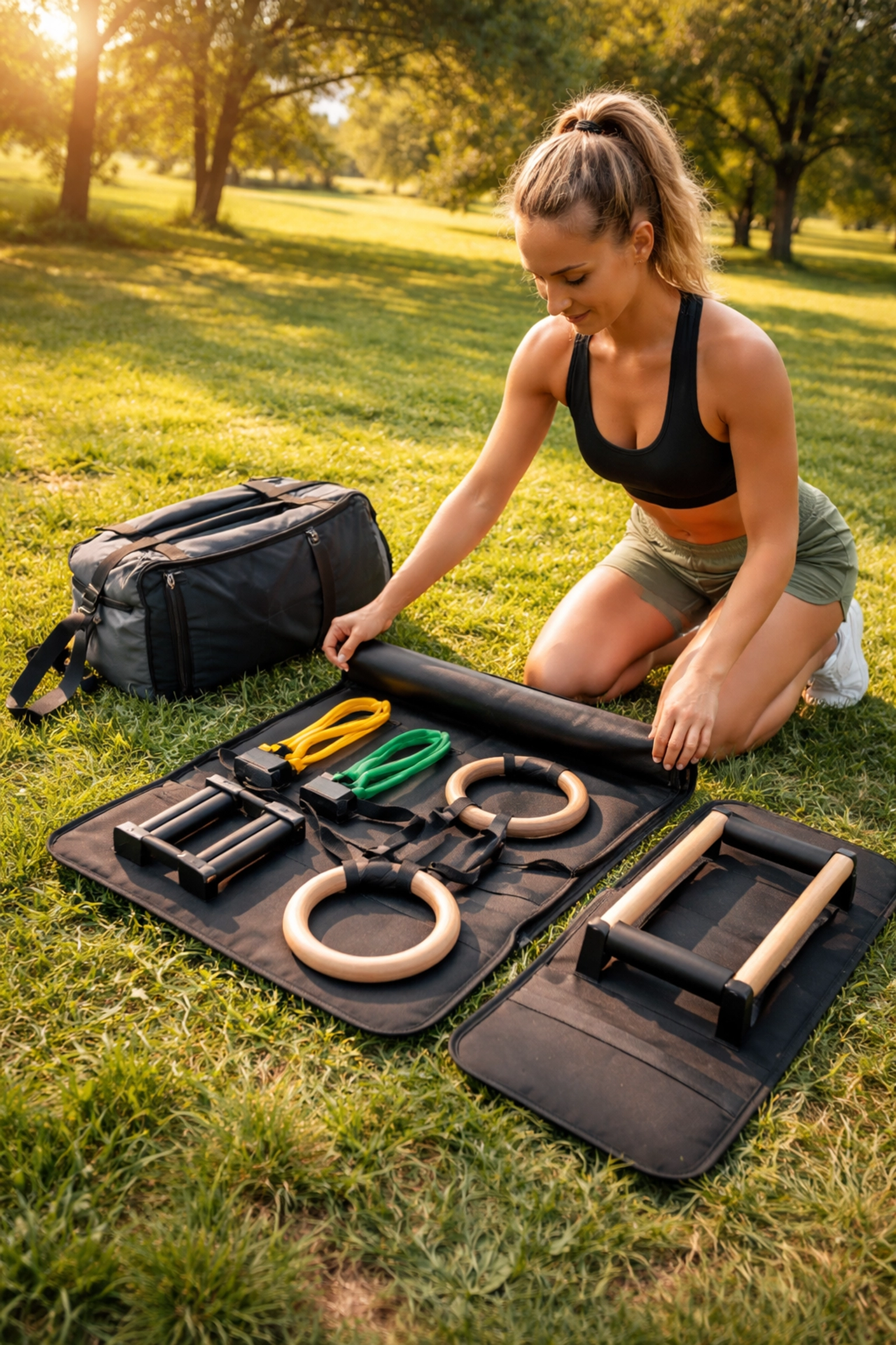Female athlete setting up portable calisthenics gear outdoors, highlighting versatile and travel-ready home workout equipment