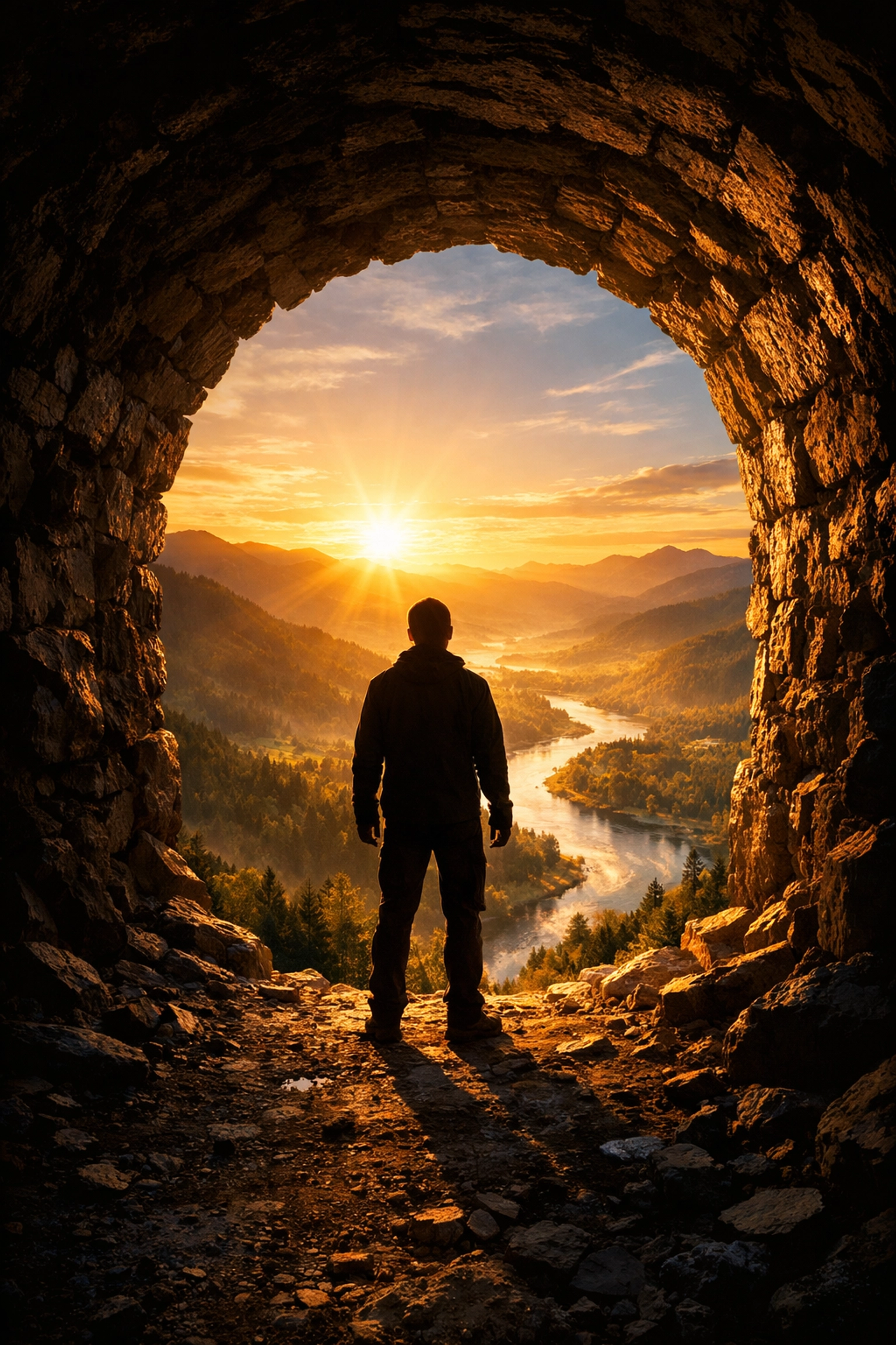 Person silhouetted against a sunrise tunnel exit, symbolizing hope and new beginnings at a Christian church in Green River WY.