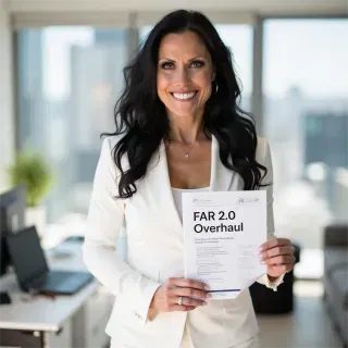 A professional woman in a white suit stands in a modern office, smiling and holding a printed report titled 'FAR 2.0 Overhaul'