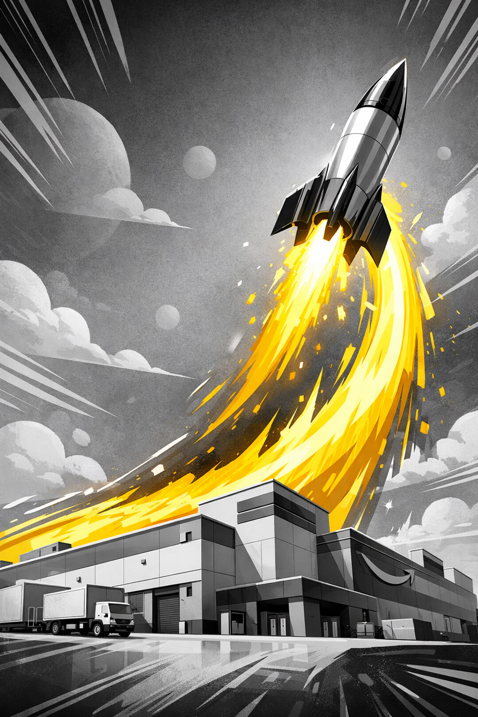 A rocket ship launching from an Amazon warehouse representing aggressive scaling through amazon ads management.